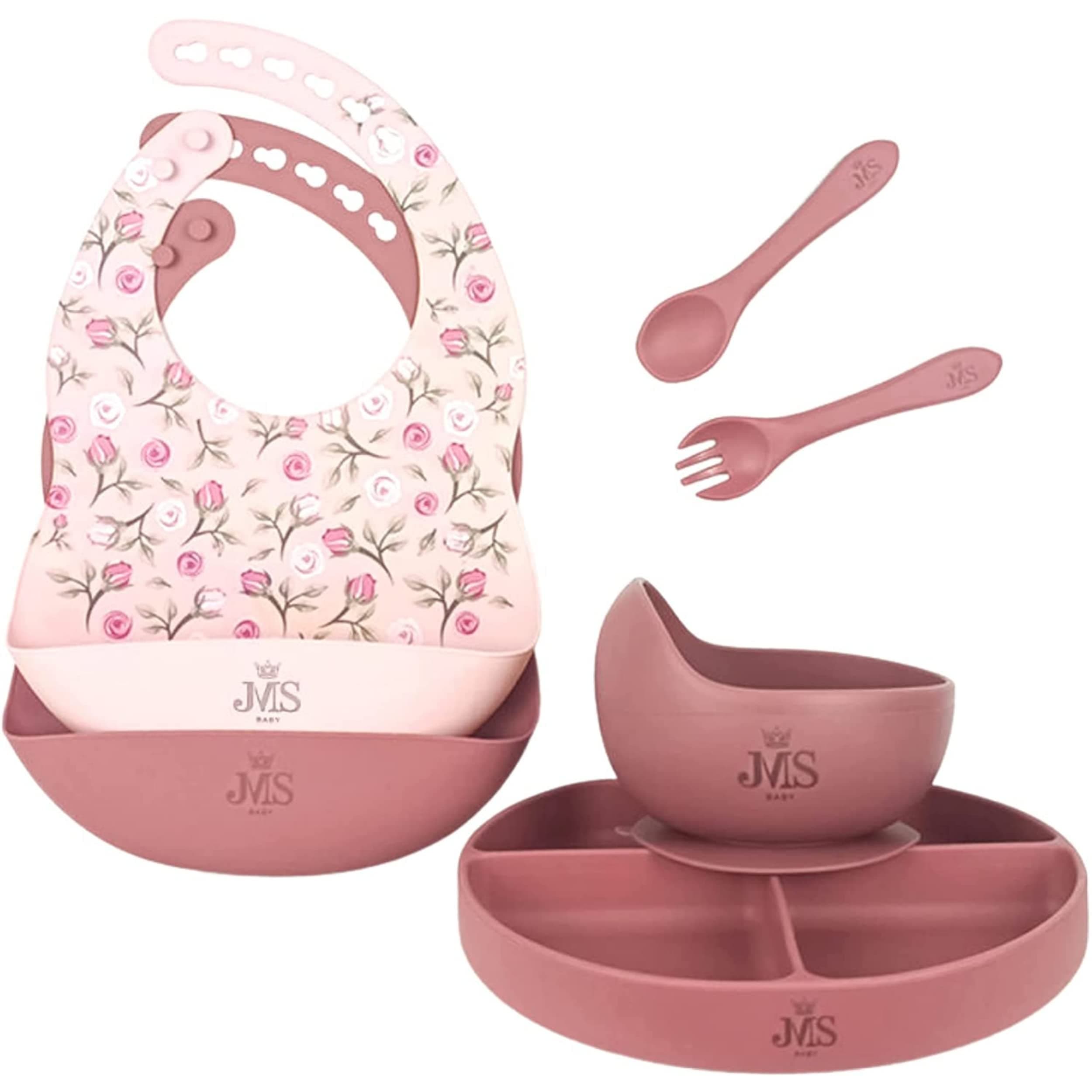 JMS Baby Feeding Set, Toddler Silicone Dish with Suction, 6 in one Tableware Set BPA Free, Adjustable and Easy Clean Bib, Soft Spoon and Fork