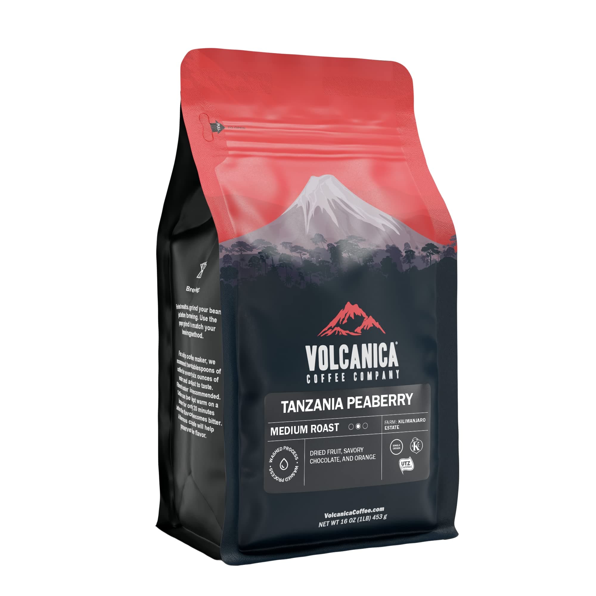 Volcanica Coffee Coffee, Mount Kilimanjaro, Fresh Roast, 16 oz, 1lb (1 Pack) Brown Tanzania Peaberry Whole Bean
