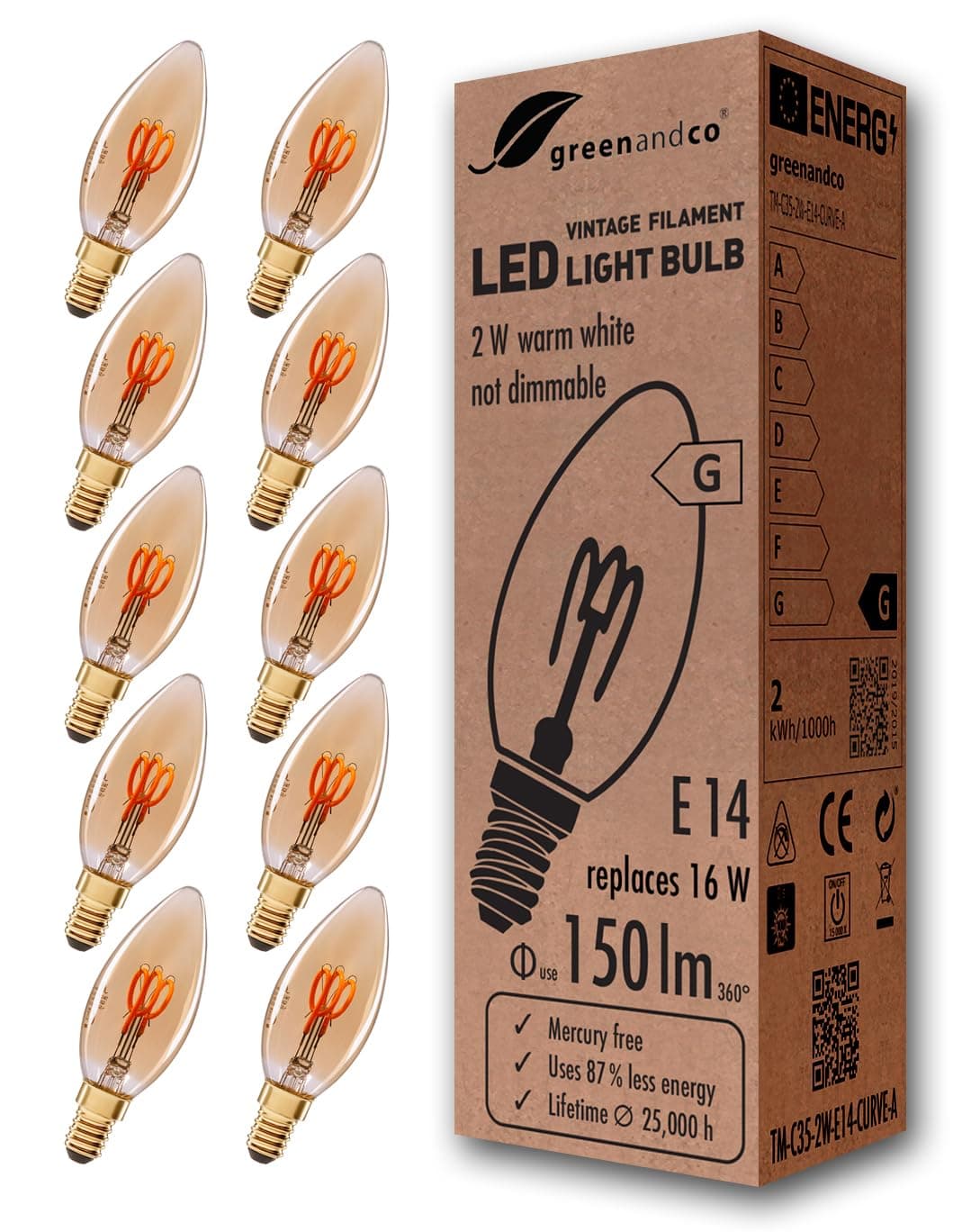greenandco® E14 C35 LED Vintage Filament Bulb 2W Replaces 16W 150lm 2000K Extra Warm White 360° 230V, no Flicker, not dimmable, 10-Pack [Energy Class G]