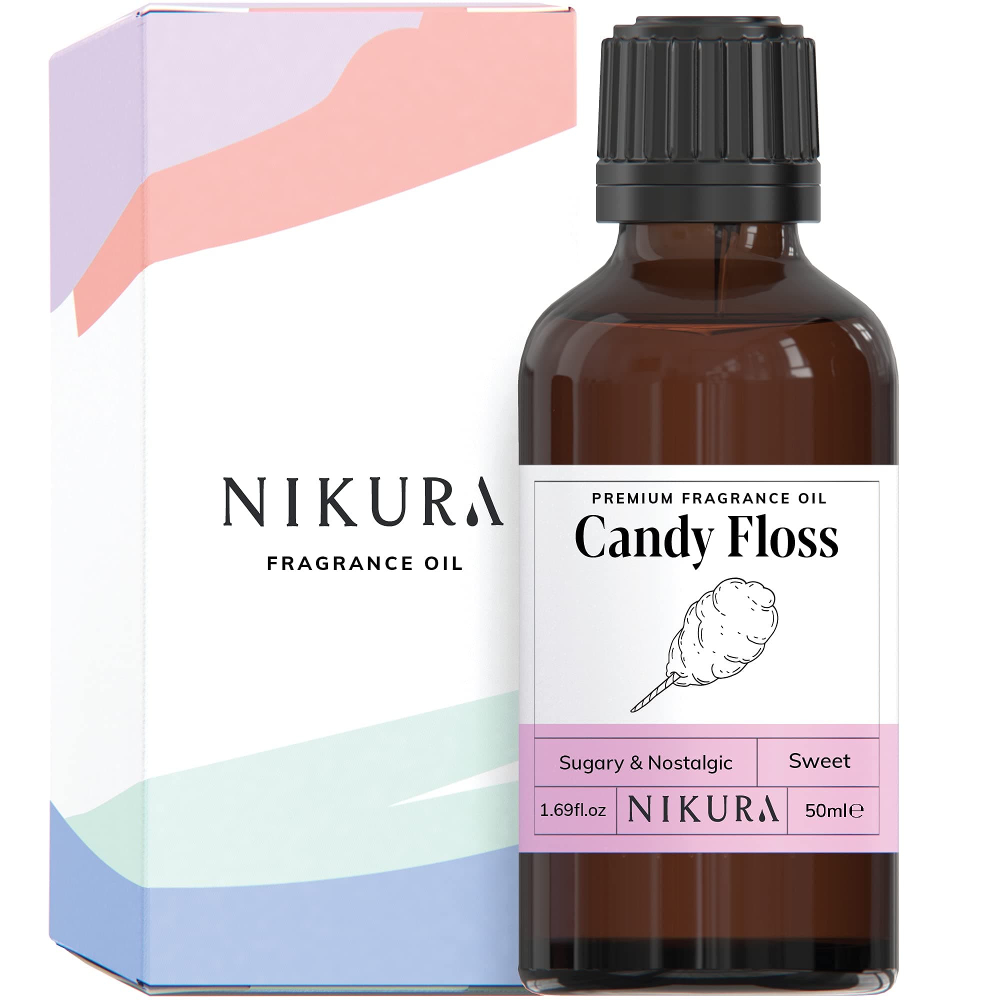 Nikura | Candy Floss Fragrance Oil - 50ml | Perfect for Soap Making, Candle Making, Wax Melts, Diffuser | Great for use in Bath Bombs, Perfume Oil, Perfume Scents | Vegan & UK Made