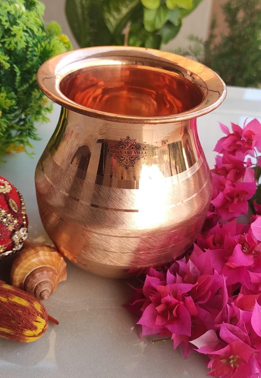 Indian Art Villa Pure Copper Pooja Kalash Lota with Classic Shaped Lining Design, for Poojan Worship Temple Home, Volume- 860 ML