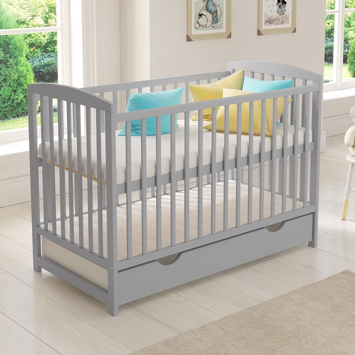 Love For Sleep JACOB Baby Cot Bed 120x60cm with Quilted Microfiber Foam Mattress – Convertible Wooden Toddler Bed with Large Drawer with Anti-Dust Cover, Guard Rail and Teething Rails (Grey)