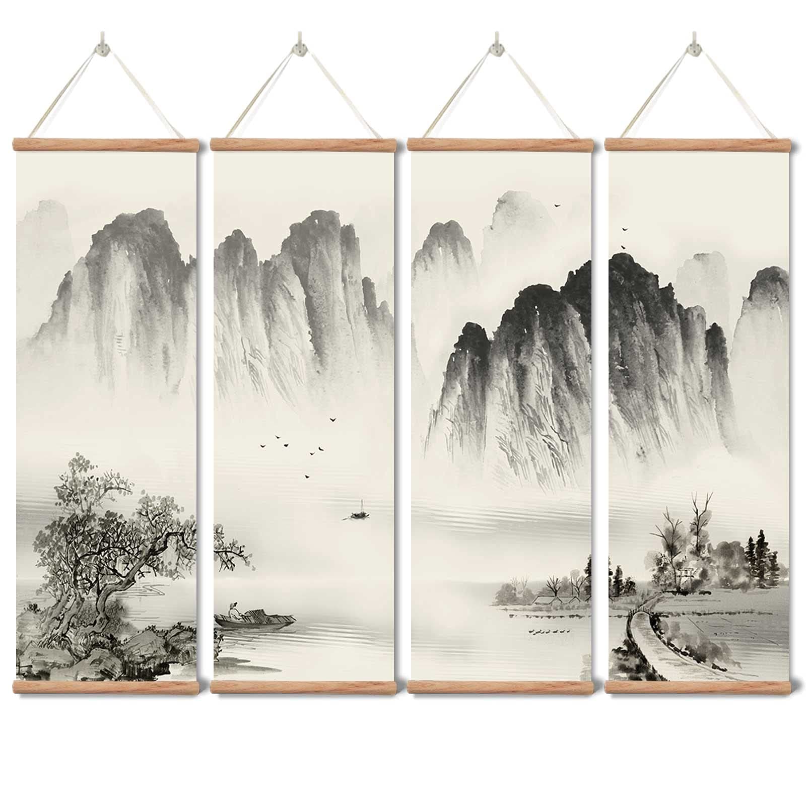 zhugege Landscape Painting ,Wall Art Black and White for Living Room Bedroom,Chinese traditional Ink Decor,Posters and Prints,4 Piece Set Fixed Wooden Hanging Scroll (12”x36”x4piece)