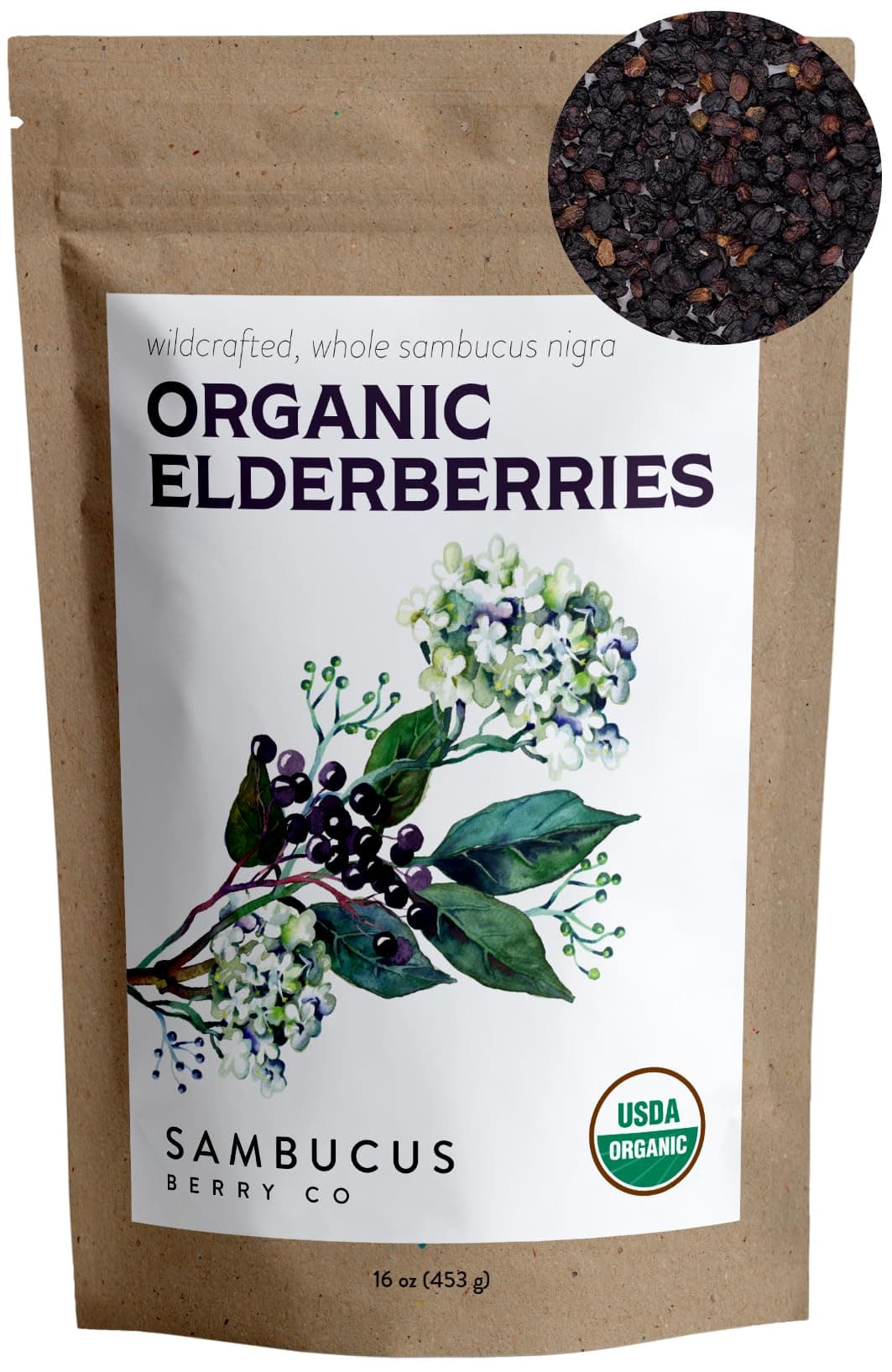 Certified USDA - 100% Organic Dried Elderberries - 1lb Bulk - Non-Irradiated, Non-GMO, Wild Harvest, Whole Black Elderberry Immune Support - Raw Vegan Sambucus 1 Pound