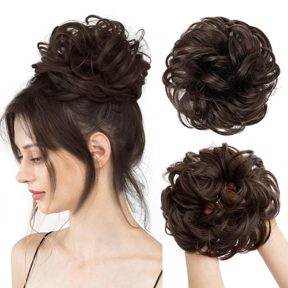 Large Messy Bun Hair Piece Wavy Curly Scrunchies Synthetic Chignon Ponytail Hair Extensions Thick Updo Hairpieces for Women Dark Brown