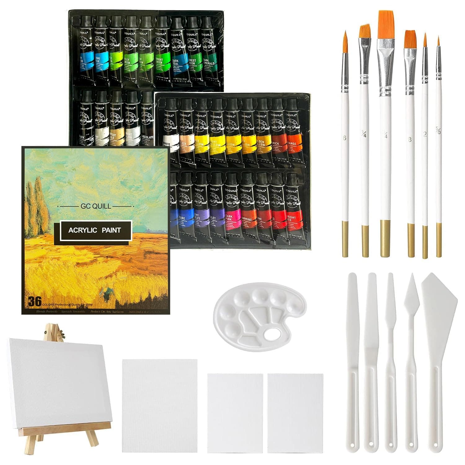 GC QUILL 54pcs Art Acrylic Paint Set - Painting Supplies with 36 * 12ml Tubes, Paint Brushes, Palette Knives, Canvas, Easel, Sponge, Palette for Artist Painting on Wood, Ceramics, Fabric, Crafts