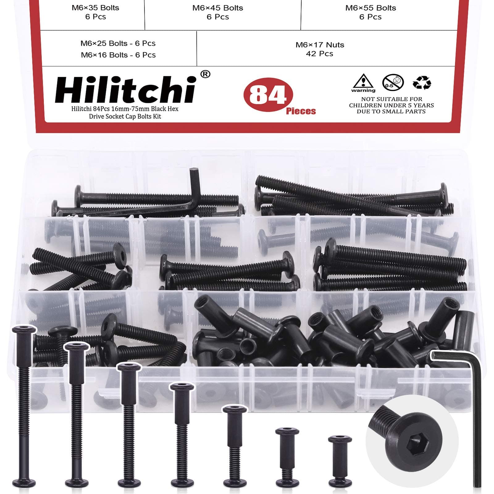 Hilitchi 84Pcs M6 Hex Drive Socket Cap Bolts Kit Countersunk Head Screws Bolts Dowel Barrel Nuts Crib Bolts Nuts Assortment Kit for Furniture Hardware Fitting (16/25/35/45/55/65/75mm)