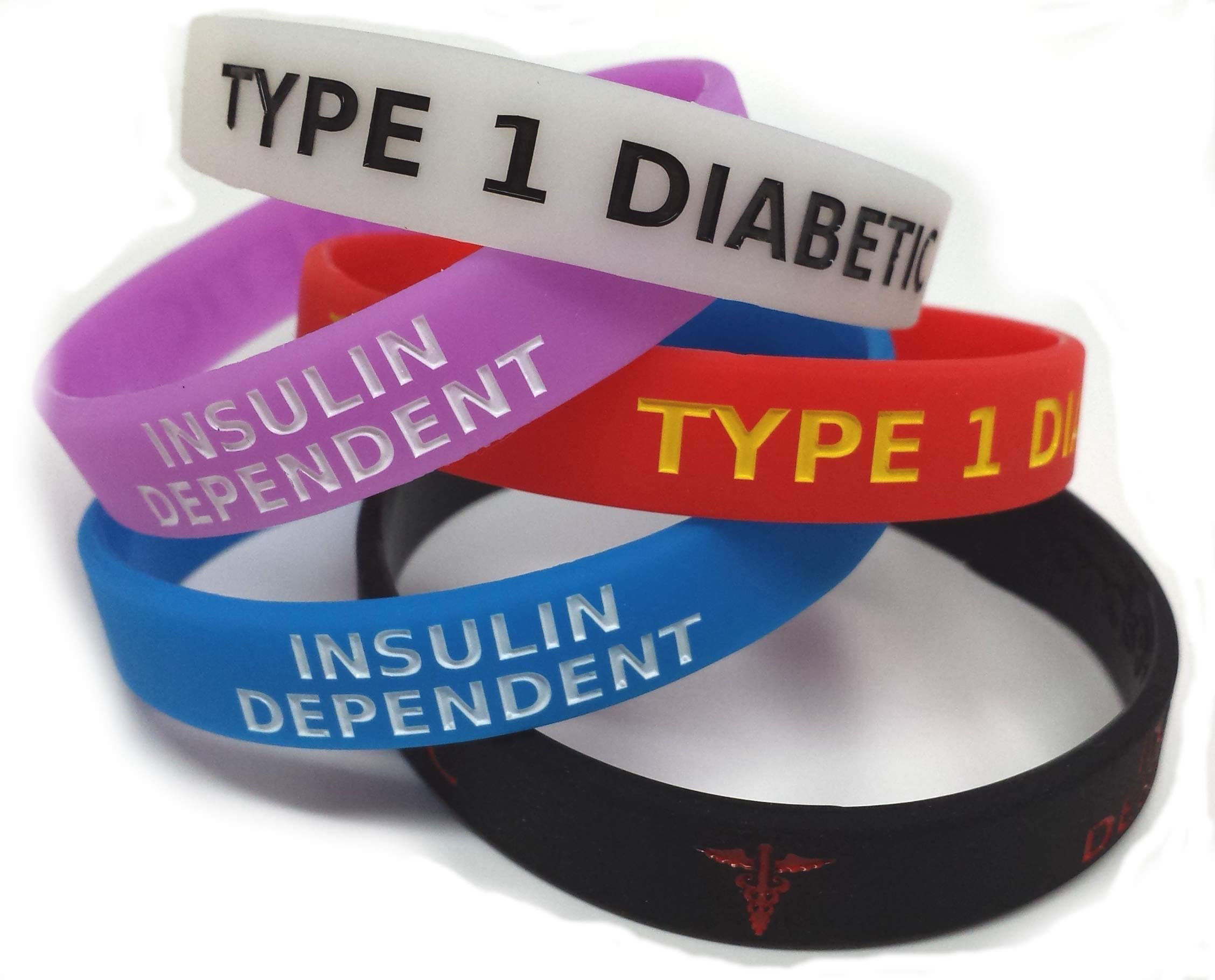 5X Type 1 Diabetic Diabetes Insulin Dependent Medicated Wristband Medical Awareness Alert Bracelet Glow in The Dark, Red, Black, Purple, Blue