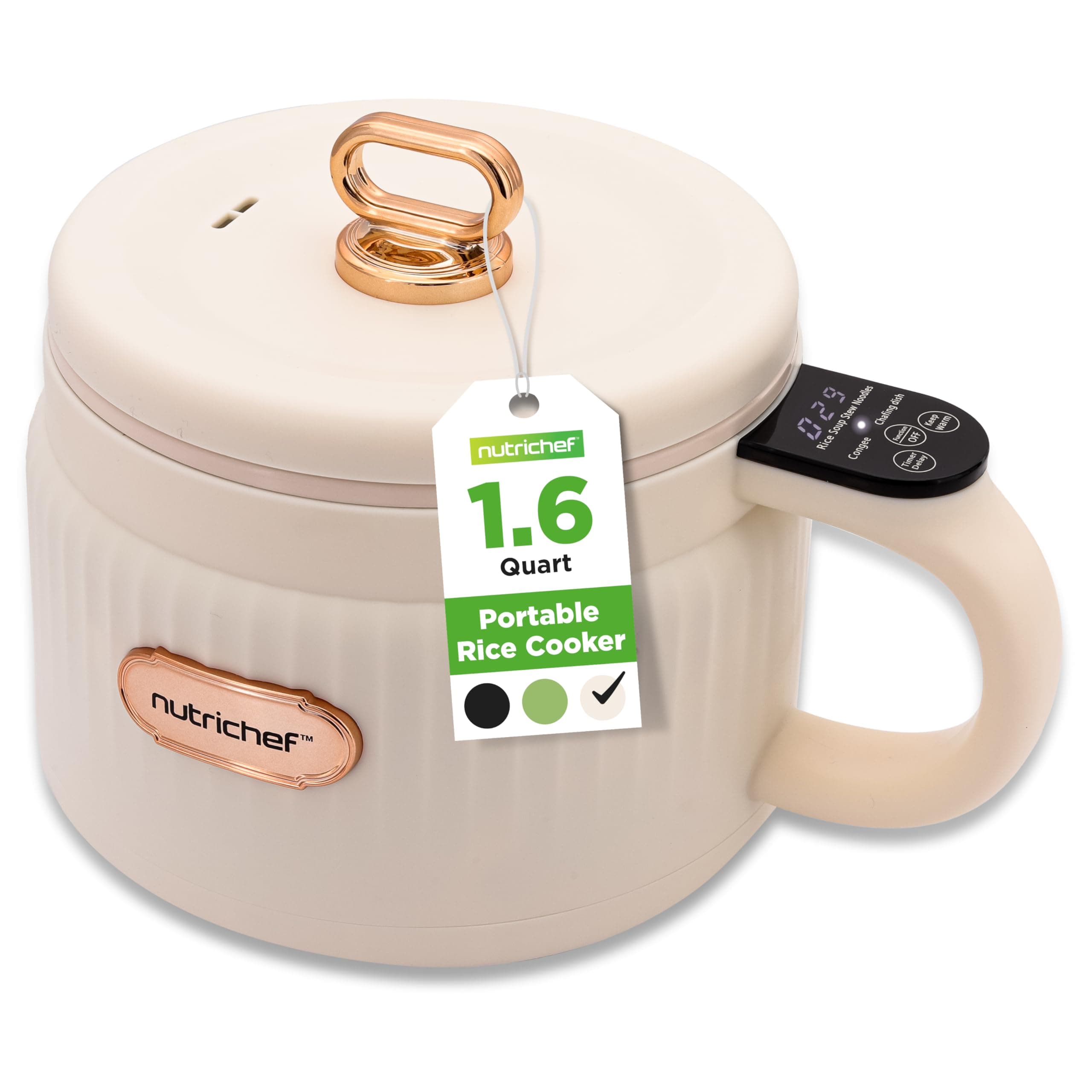 NutriChef 1.6 QT Portable Electric Rice Cooker & Lunch Maker | Multi-Functional & Non-Stick Ceramic Coating | Digital Control Panel | 6 Cook Functions: Rice, Soup, Stew, Porridge & More | White