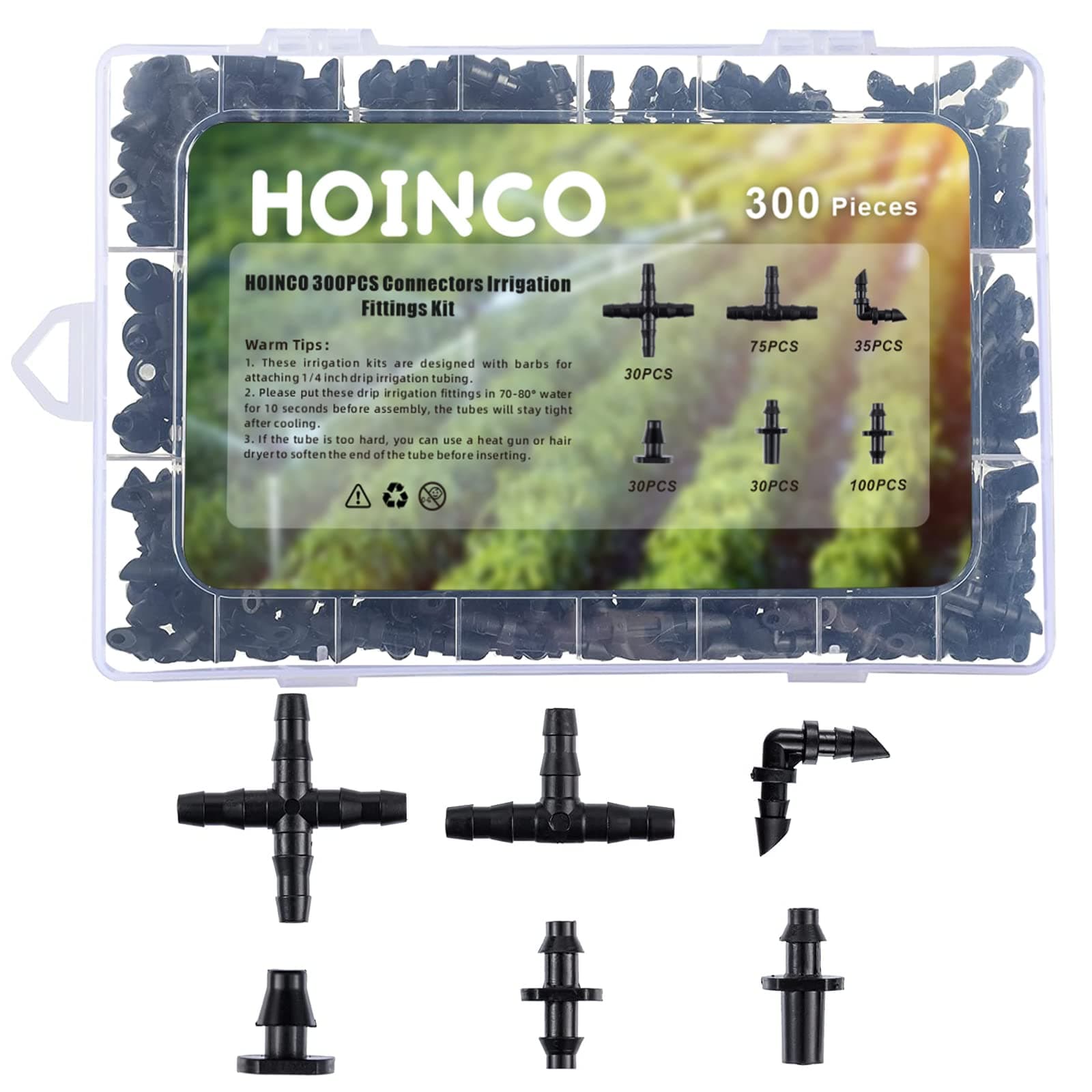 300PCS Irrigation Fittings Kit Drip Irrigation System,HOINCO Drip Irrigation Barbed Connectors for 1/4 Inch Tube, for Flower Pot Garden Lawn