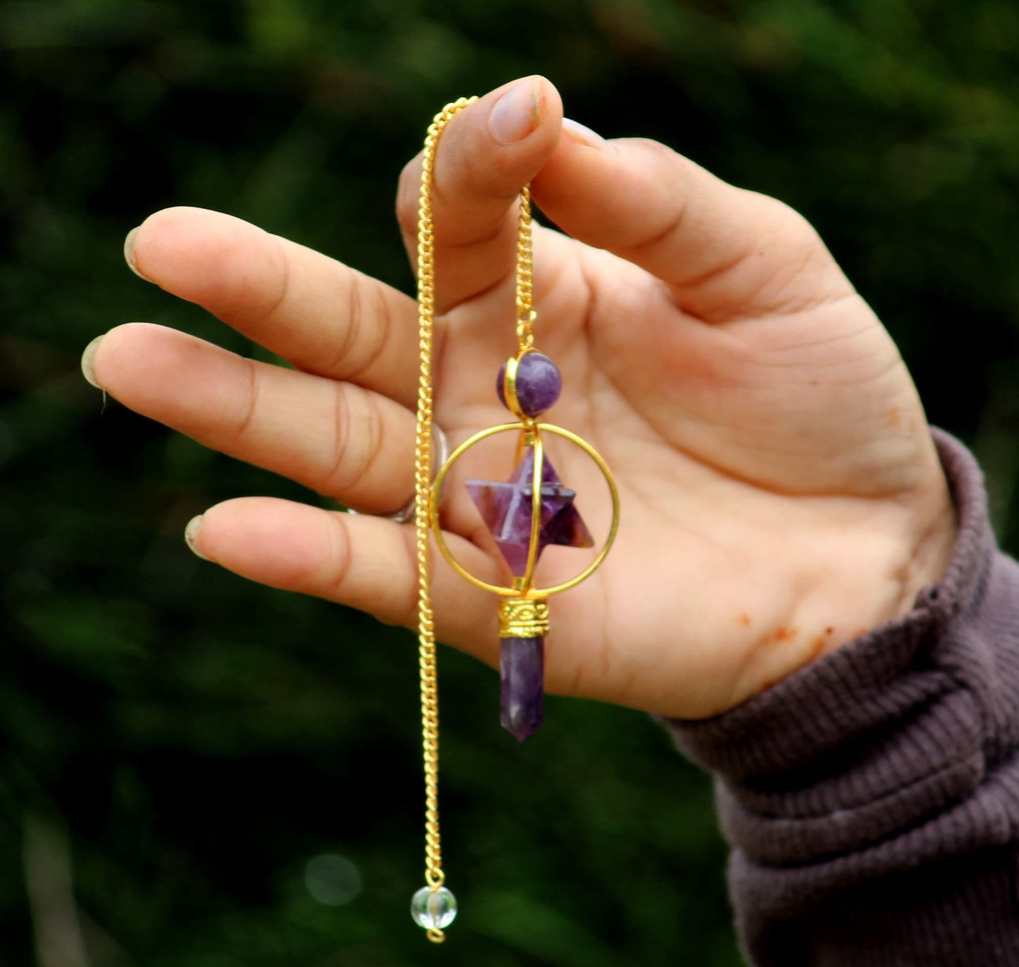 Jet Gold Plated Amethyst Spinning Merkaba Pendulum 2.5 inch Jet International Crystal Therapy 40 Page Booklet Chakra Balancing