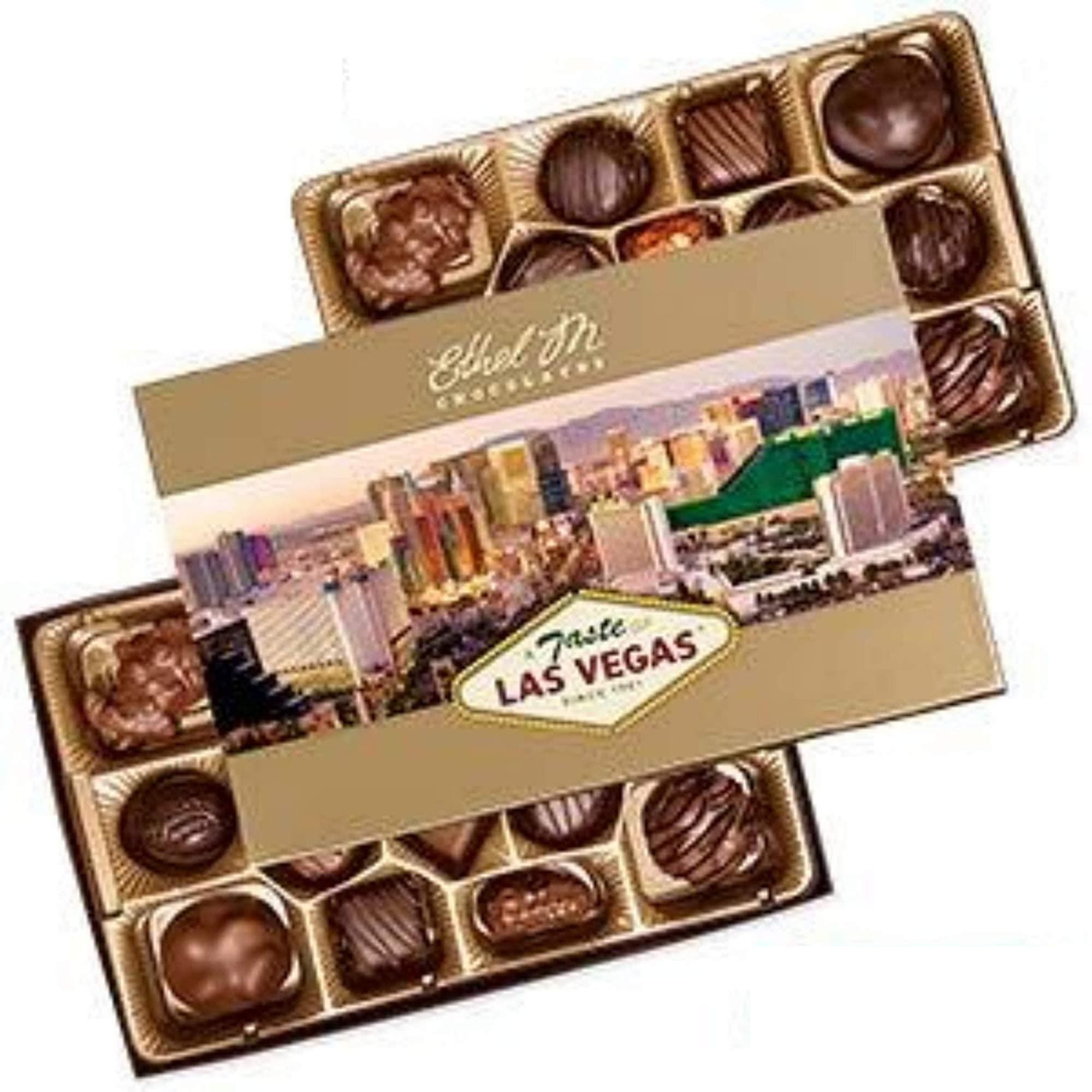 Ethel M Chocolates 32-Piece Premium Chocolate Assortment Taste Of Las Vegas Collectible Tin Chocolate Medley; Nut Clusters, Chewy Caramels, Almond Butter Krisps, Satin Cremes, Milk & Dark Chocolates