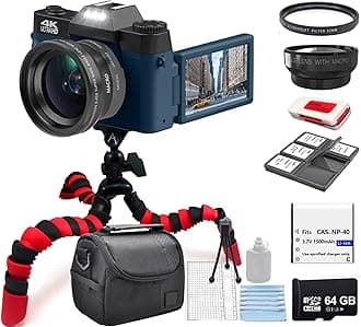 Acuvar 4K 56MP Digital Camera Kit for Photography, Vlogging Camera for YouTube with Flip Screen, WiFi, Wide Angle & Macro Lens, 64GB Micro SD Card, 12" Flexible Tripod, Carrying Case, Card Reader