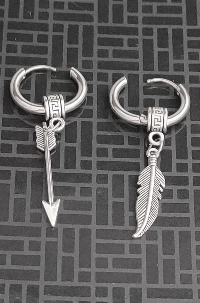 Men Huggie Ear Studs With Feather Ring Long Chain Punk Titanium Steel Piercing Jewelry Silver Stainless Steel Hoop Earrings For Men And Women