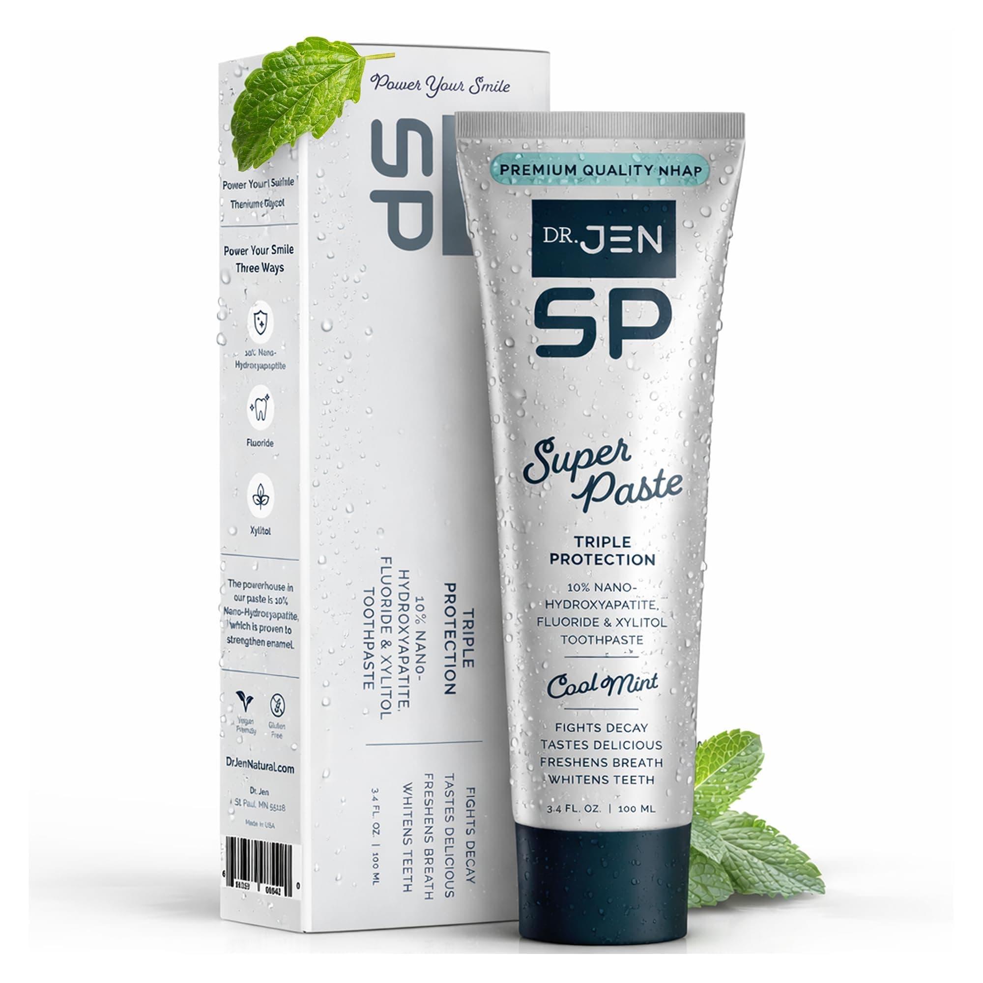 Dr. Jen Super Paste Toothpaste with 10% Premium Nano Hydroxyapatite, Fluoride, Xylitol & Glycerin for Daily Oral Care, Designed for Sensitive Teeth, Vegan, Travel Essentials, Cool Mint Flavor, 1 Pack