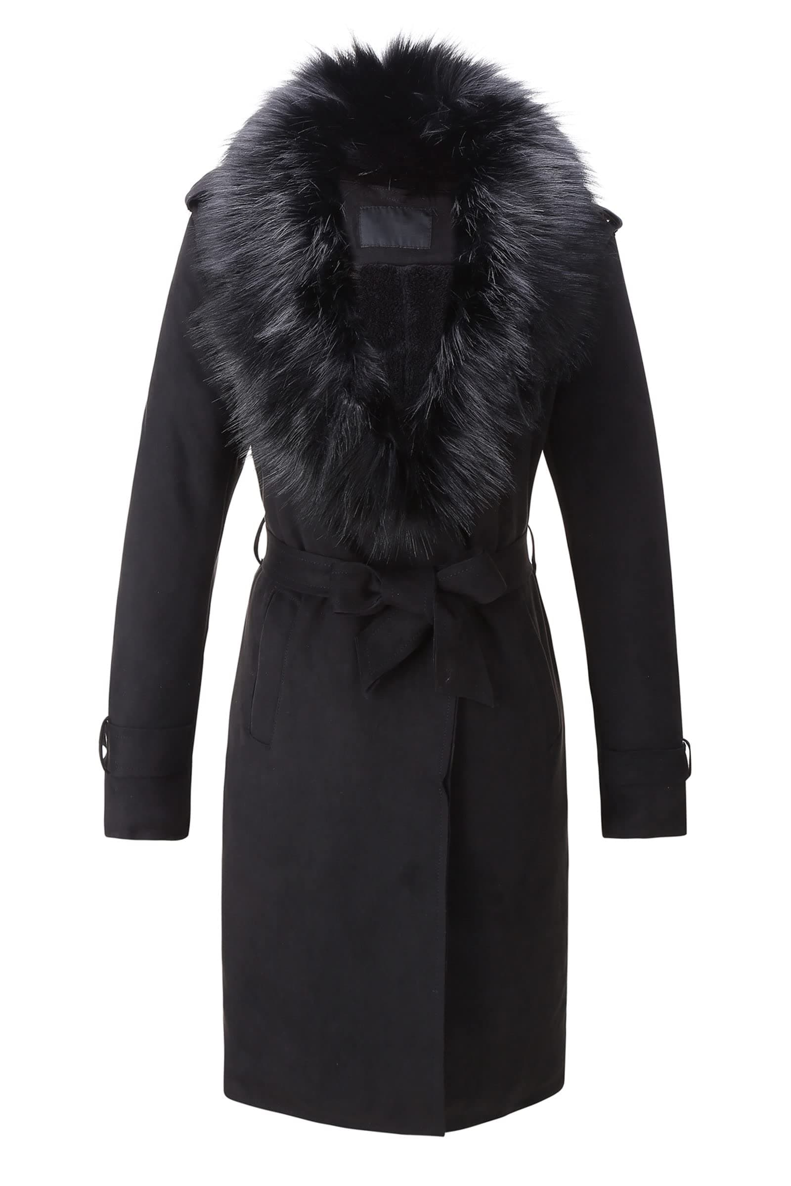 Women Faux Leather Trench Coat Fleece-Lined Mid-length Jacket with Detachable Fur Collar
