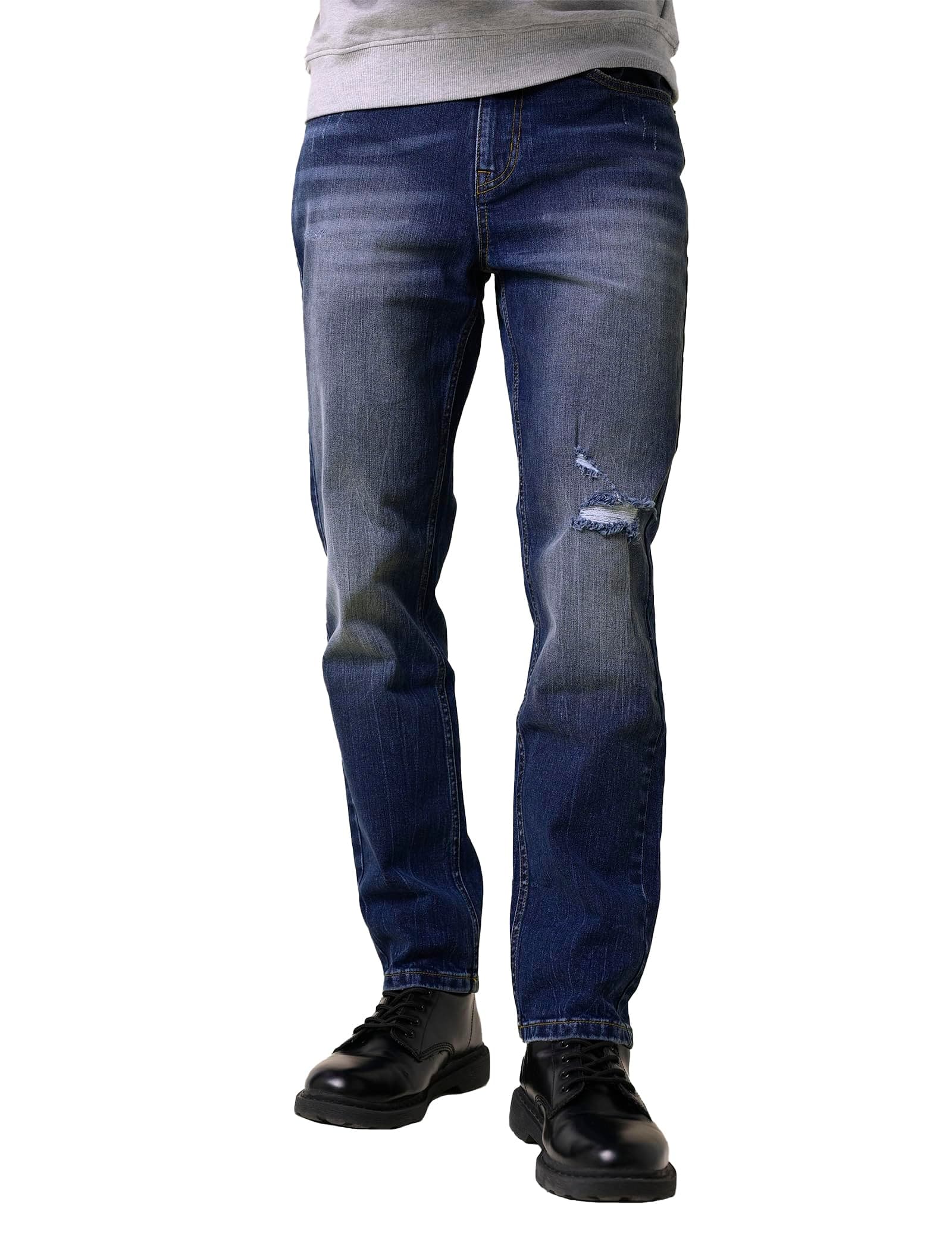 EnorsiaMens Ripped Denim Jeans with Five-Pockets, Dark Indigo Finishes, Zip Fly Fastening, Stylish Look and Soft Cotton Fabric