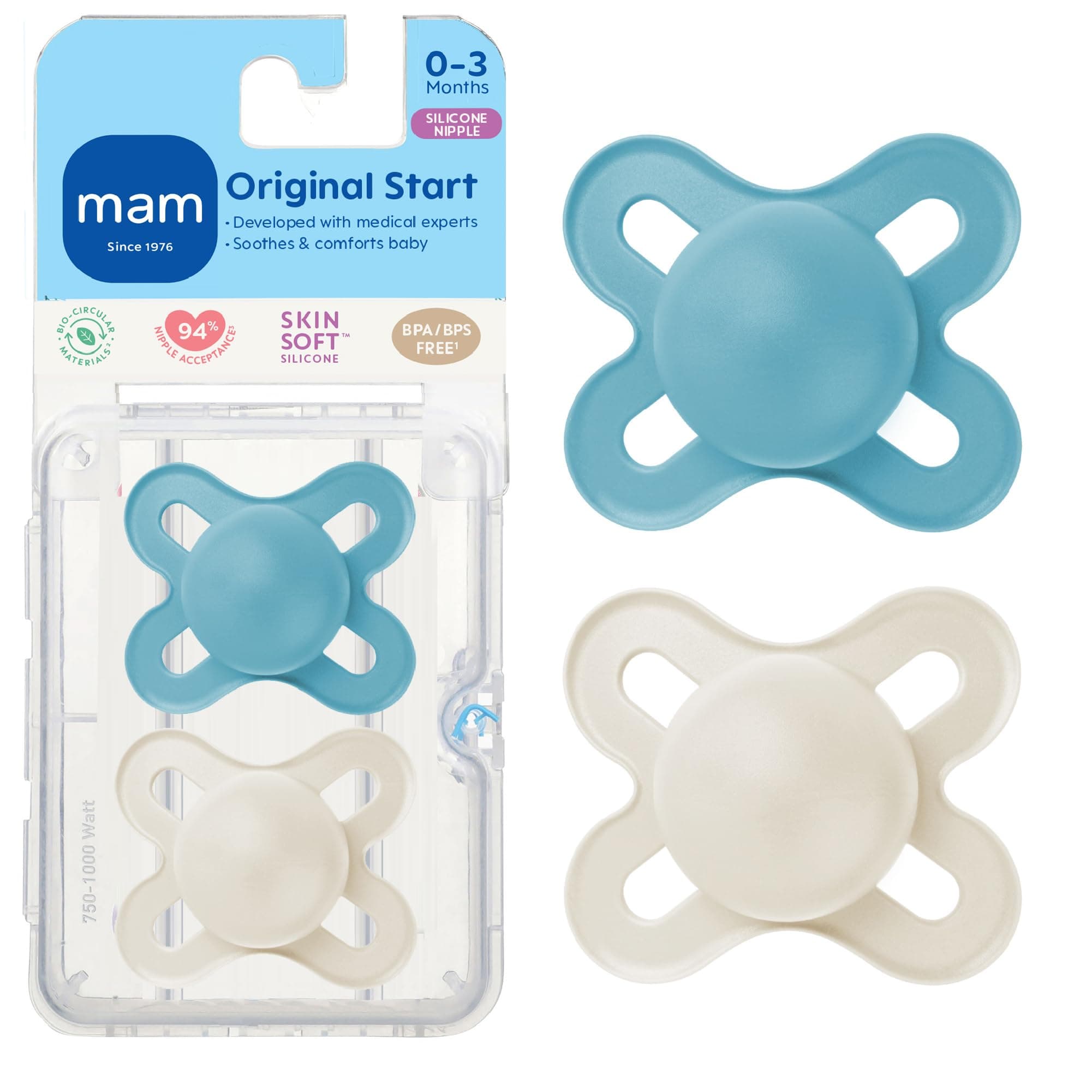 MAM Original Start Matte Baby Pacifiers, Binky for 0-3 Months, BPA-Free Silicone, Easy to Clean, Best for Newborn Babies, Developed with Medical Experts, 2 Count Binkies with Sterilizer Case
