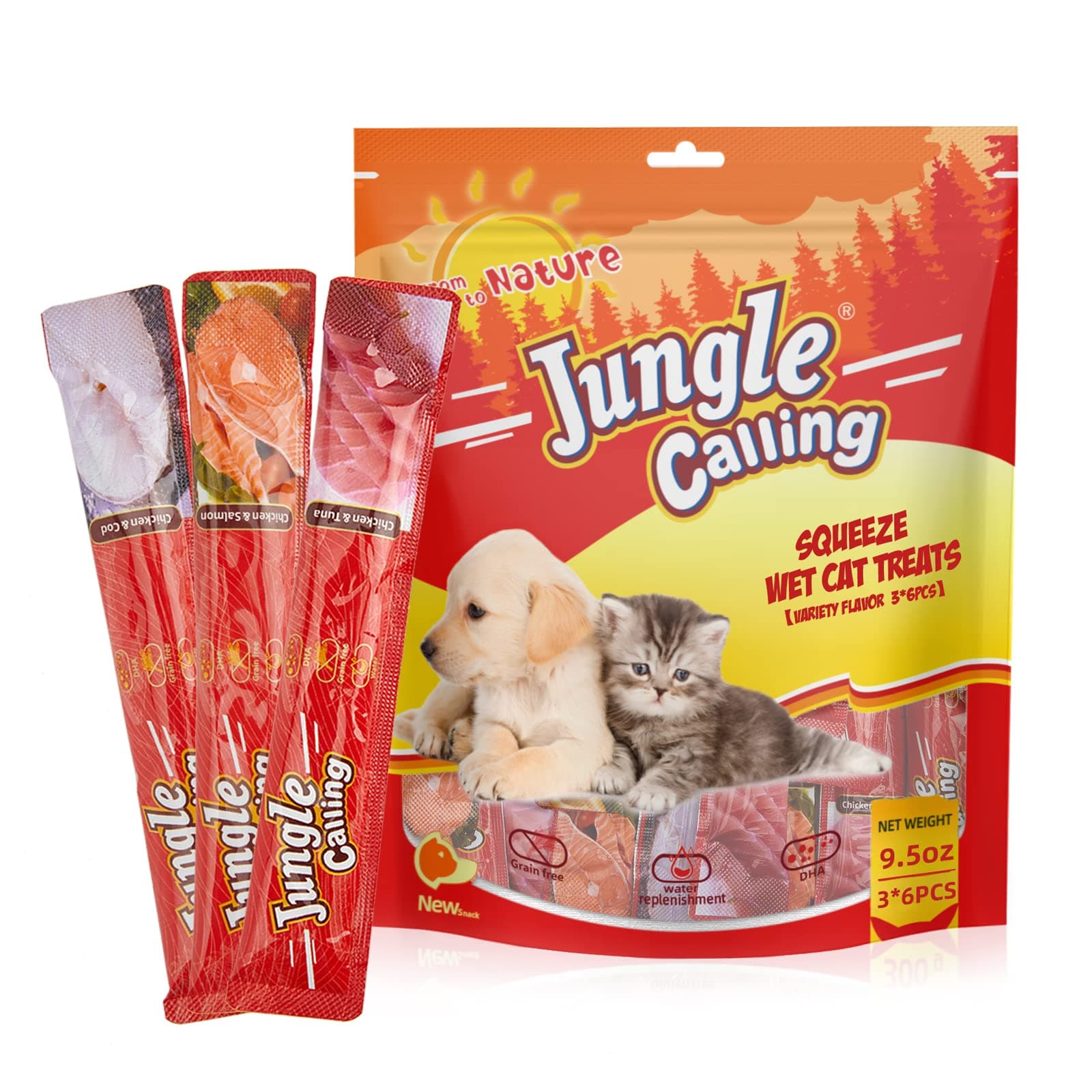 Jungle Calling Lickable Wet Cat Treats, Grain-Free, Squeezable Creamy Cat Treats for Adult & Senior Cats, 0.5 Ounces in Each 18 Tubes, 3 Flavor Variety