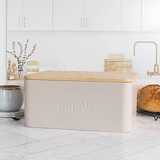 Beautiful Bread Box With Wooden Lid For Your Kitchen Countertop - Spacious Container Perfectly Stores Your Homemade Bread, English Muffins & Bagels - Quality Cutting Board Lid Keeps Loaf Fresh