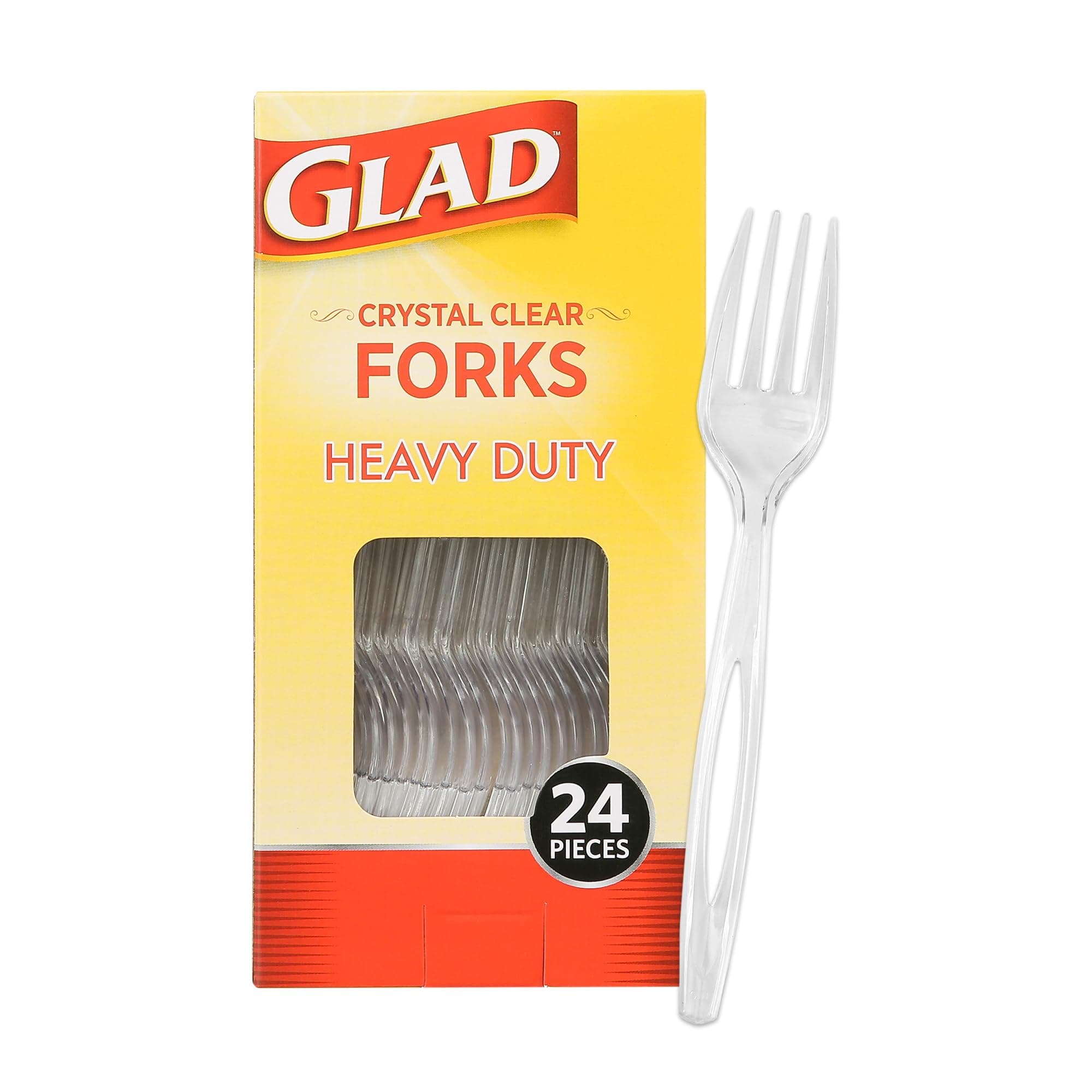 Glad Clear Heavy Duty Plastic Forks, Reduced-Plastic Open Handle, Break-Resistant Disposable or Top-Rack Reusable Cutlery for Parties, Camping & Everyday Meals, Standard Size, 24 Count