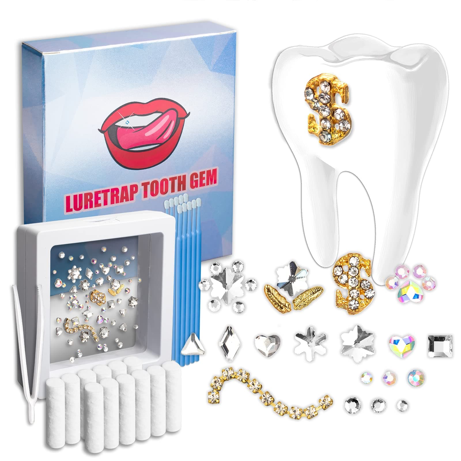 Luretrap Tooth Gem Starry Diamond Case 75 Pieces Boutique Diamonds in 15 Styles Combine Tooth gem kit for use(No Glue)