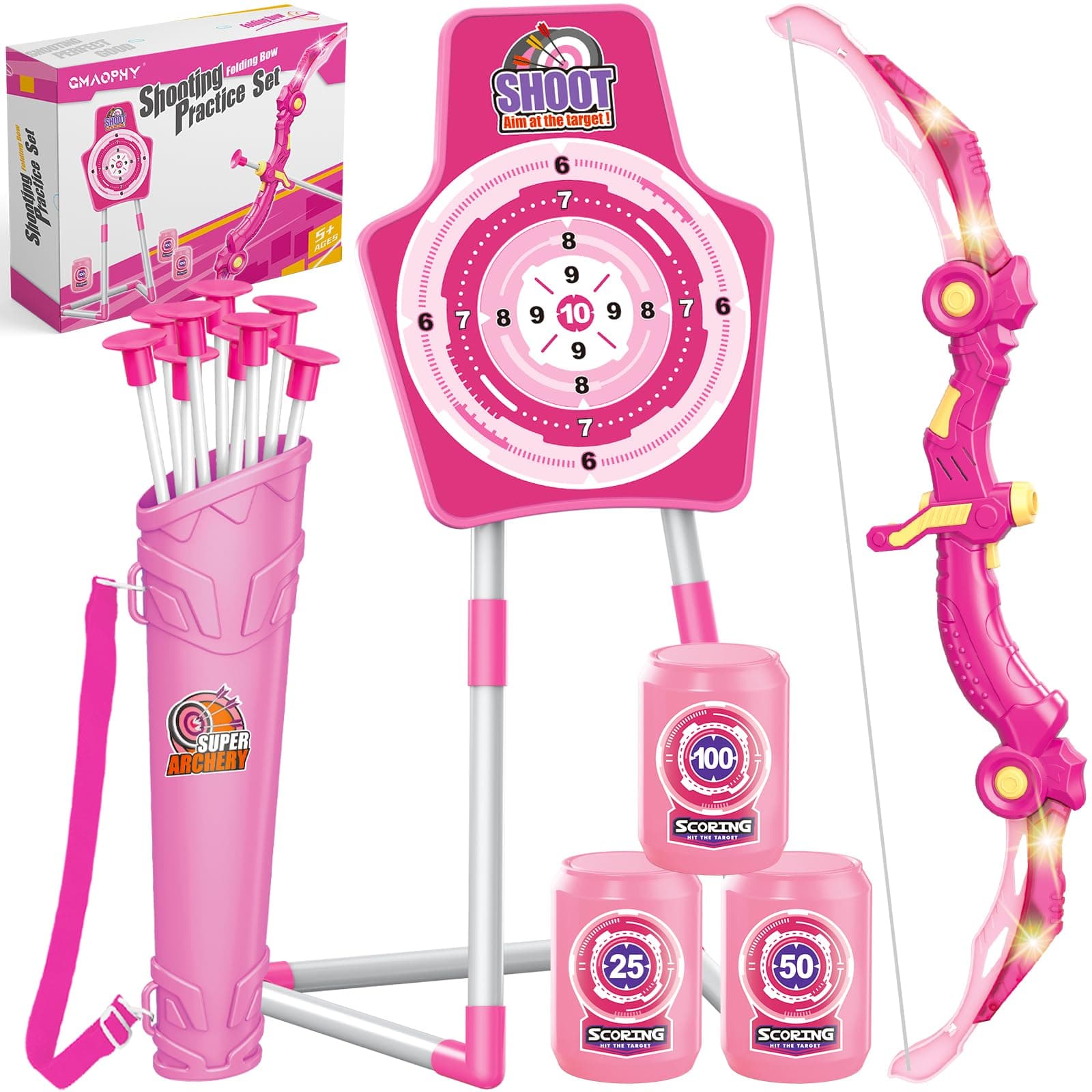 GMAOPHYBow and Arrow Toys for Girls 5 6 7 8 Years Old, Archery Set Includes Super Bow with LED Lights, 10 Suction Cups Arrows,Archery Set with Standing Target and 3 Target Cans, for Girls