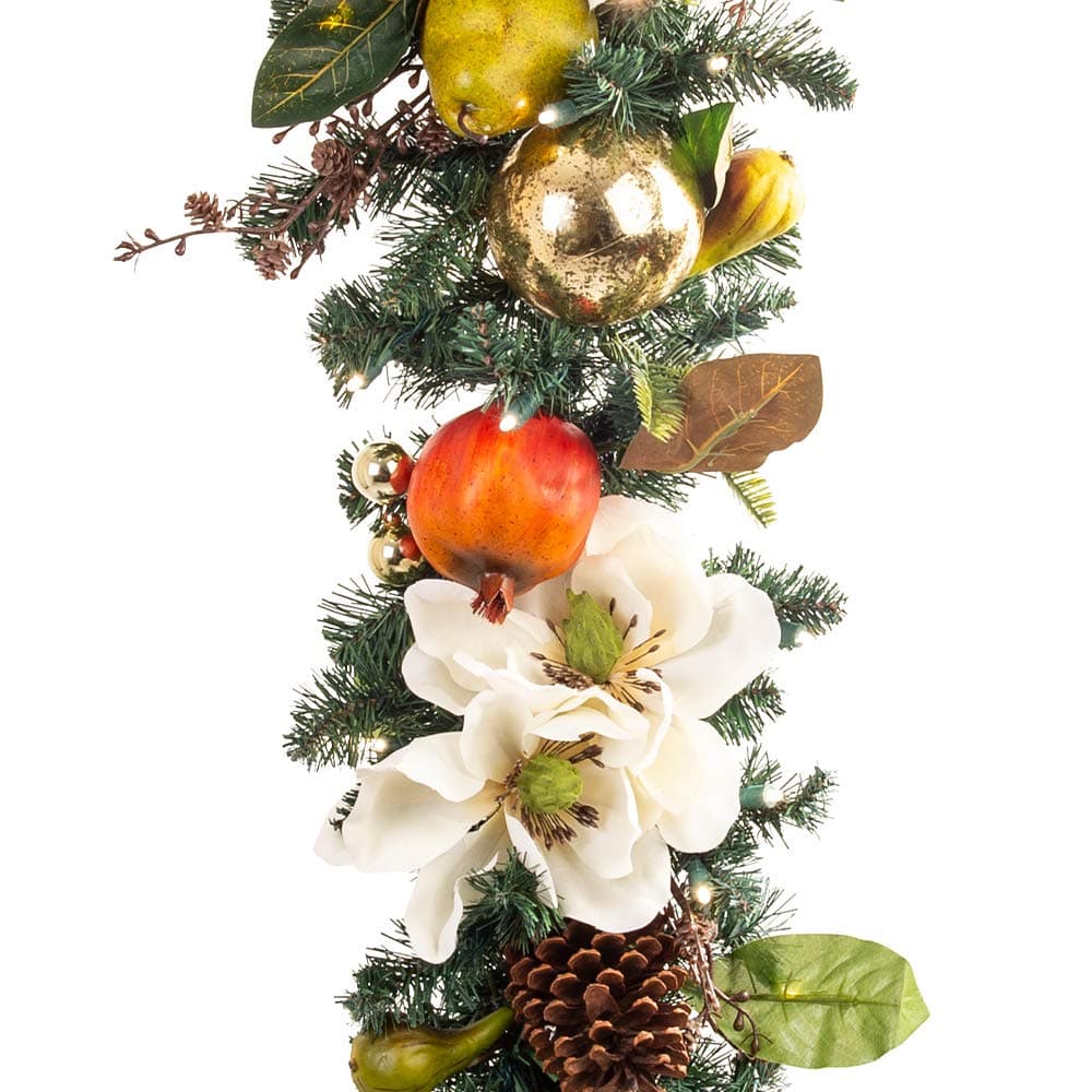 [9 Foot Artificial Christmas Garland] - Magnolia Orchard Collection - Pear and Pomegranate Decoration - Pre Lit with 100 Warm Clear LED Mini Lights - Includes Remote Controlled Battery Pack with Timer