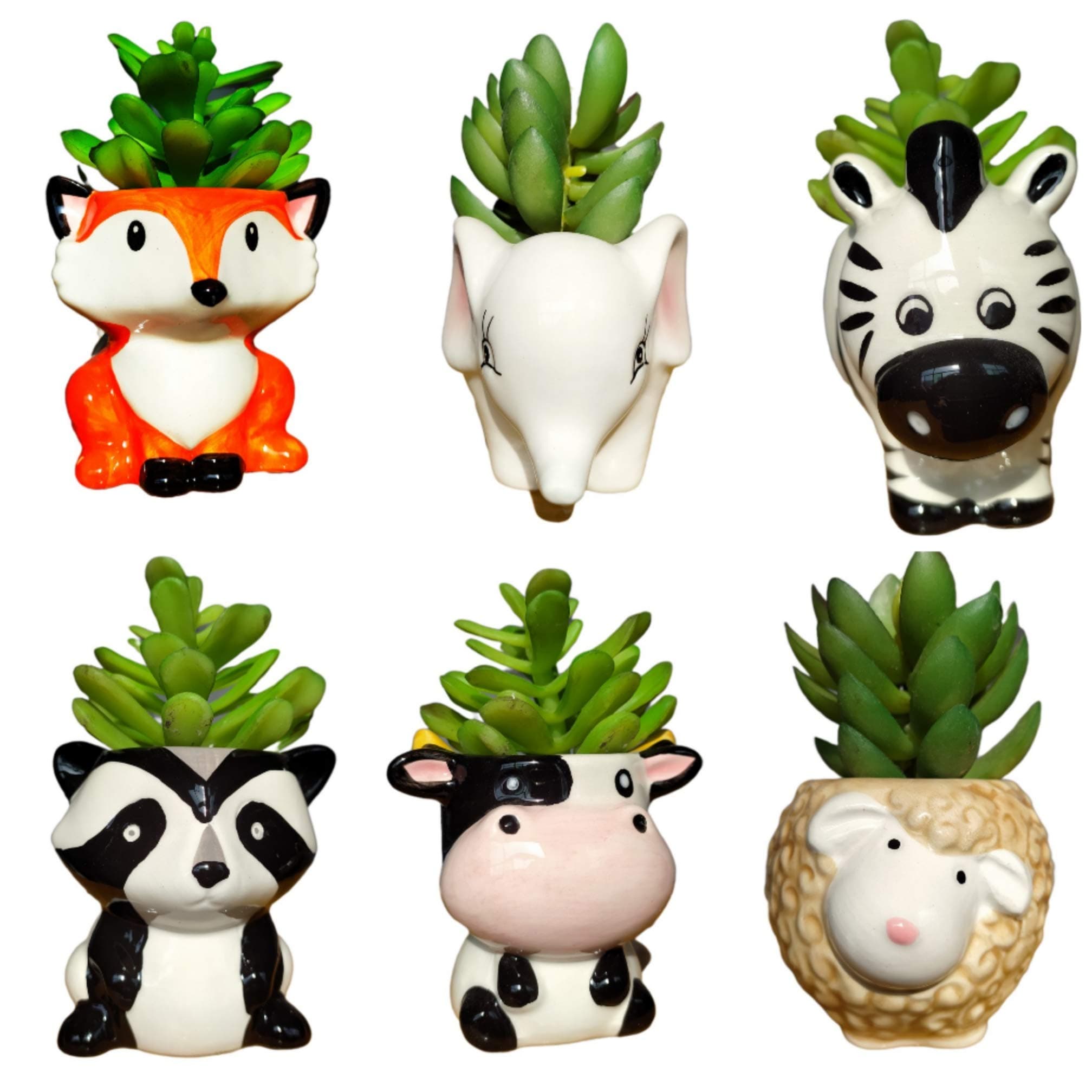 6 Pcs Cute Indoor Cartoon Panda Fox Cow Elephant Sheep Zebra Animal Shaped Succulent Cactus Flower Pot for Home Garden Office Desktop Decoration-Plants Not Included (about 3 Inches)