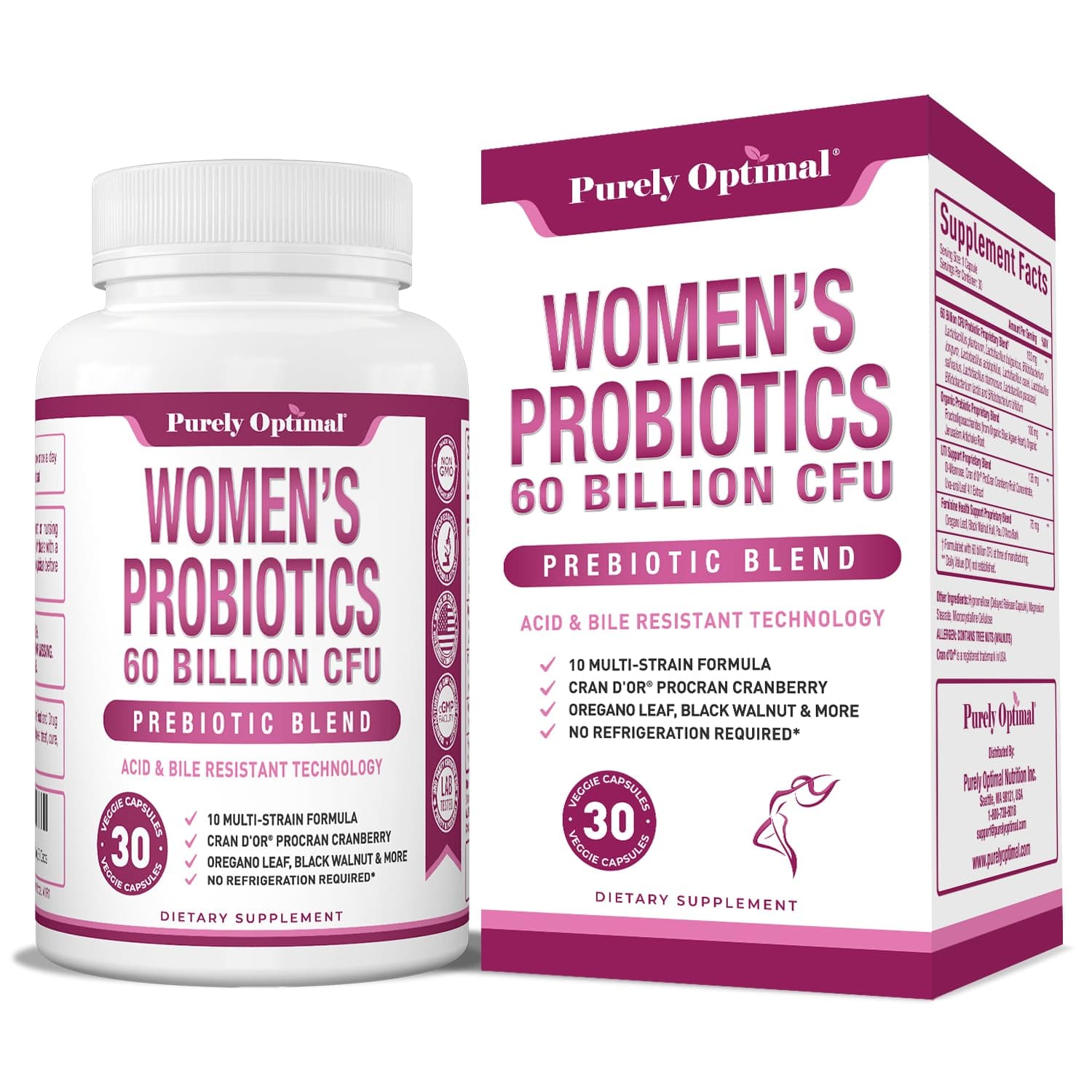 Purely Optimal Women’s Probiotics 60 Billion CFU – Supports Digestive & Vaginal Health, Odor Control, pH Balance – with Prebiotics & Cranberry – Shelf-Stable Probiotics for Women, 30 Capsules