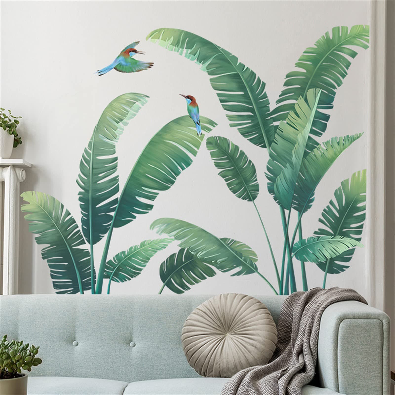 Green Plant Wall Stickers, Tropical Rainforest Monstera Leaf Decal Natural Palm Leaves Nordic Green Leaf Plants Banana Leaf Bird Wall Mural Bedroom Living Room (Green Palm Tree)