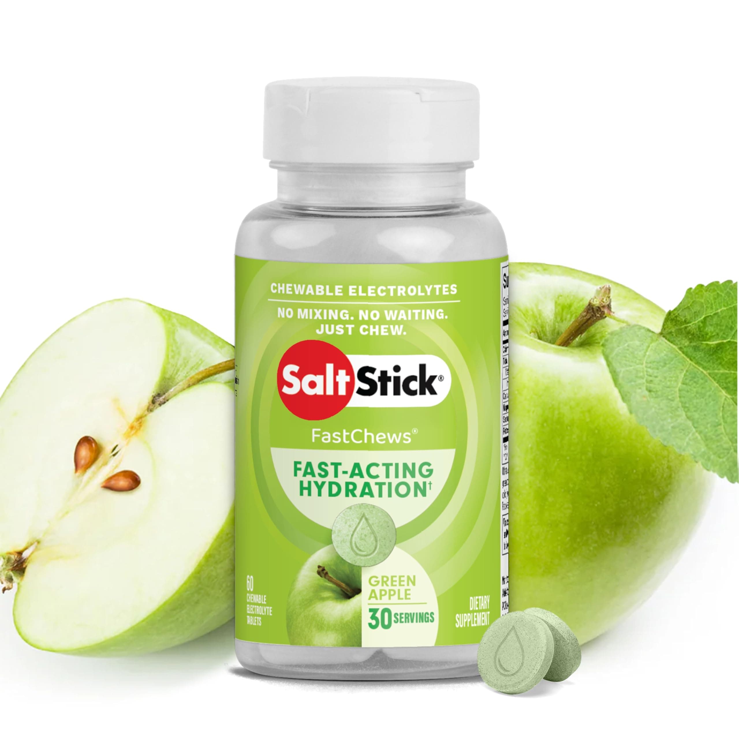 SaltStick Electrolyte FastChews - Green Apple Chewable Electrolyte Tablets - Salt Tablets for Runners, Electrolyte Chews for Hydration - 60 Count