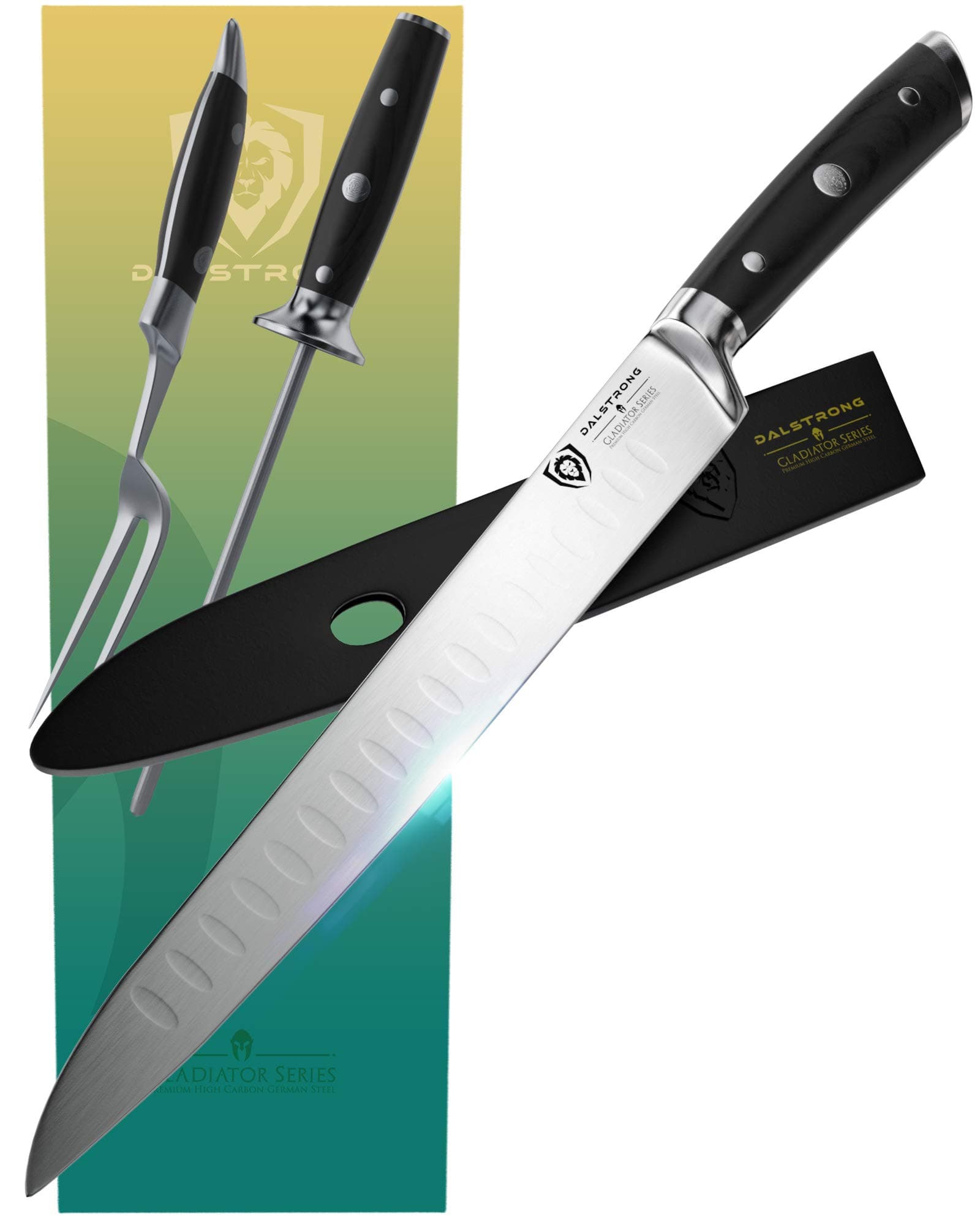 DALSTRONG Carving Knife & Fork Set - Gladiator Series - Forged German Thyssenkrupp High-Carbon Steel - 4pc - 9" Boning Knife - Hollow Ground - 8" Honing Rod - NSF Certified