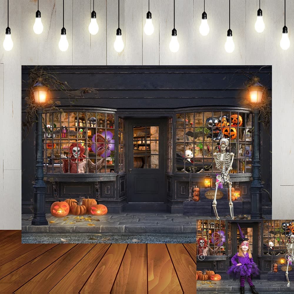 Lofaris Halloween Shop Photography Backdrop Magic Witches Clown Shoppe Window Background Family Holiday Party Banner Portrait Photo Booth Props Supplies Decor Studio Prop 7x5ft