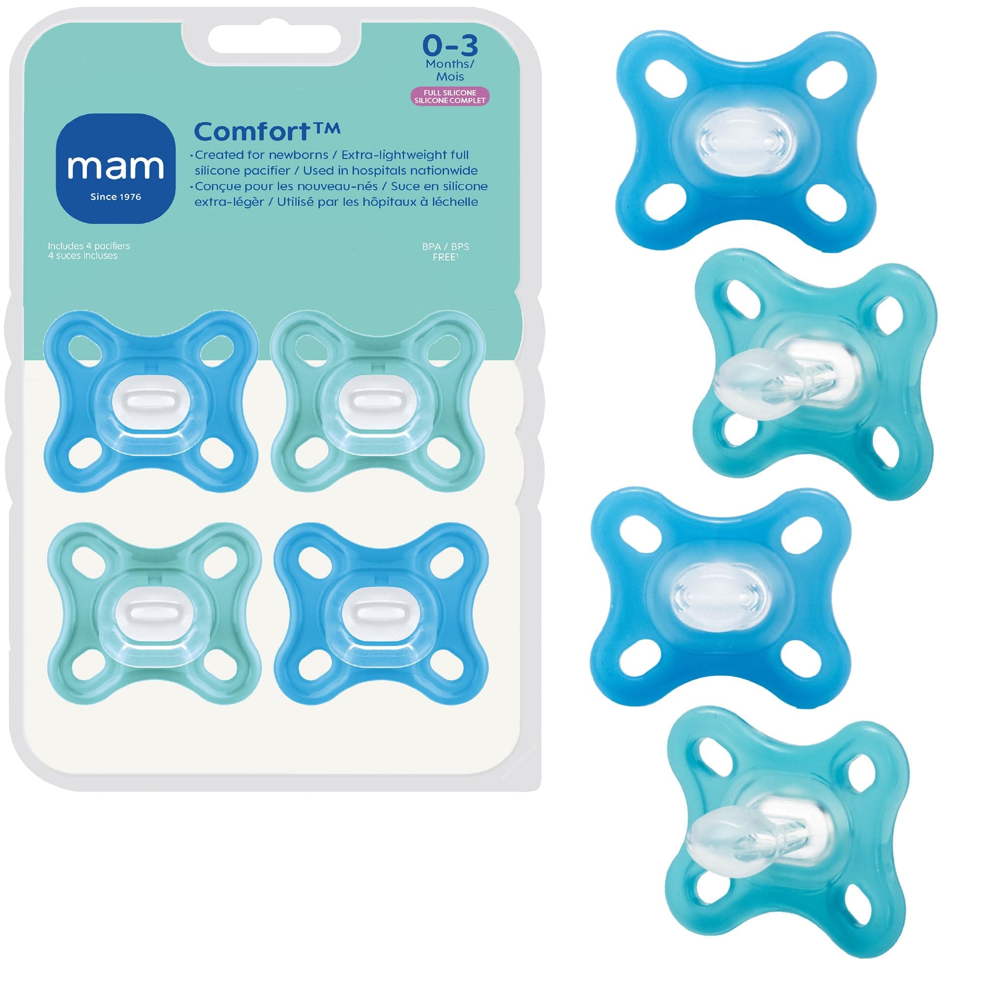 Comfort Baby Pacifier 0-3 Months, Specially for Smaller Newborn Mouths, Lightweight One-Piece BPA-Free Silicone,Easy to Clean, Best for Breastfed Babies, 4 Pk, Made in Europe