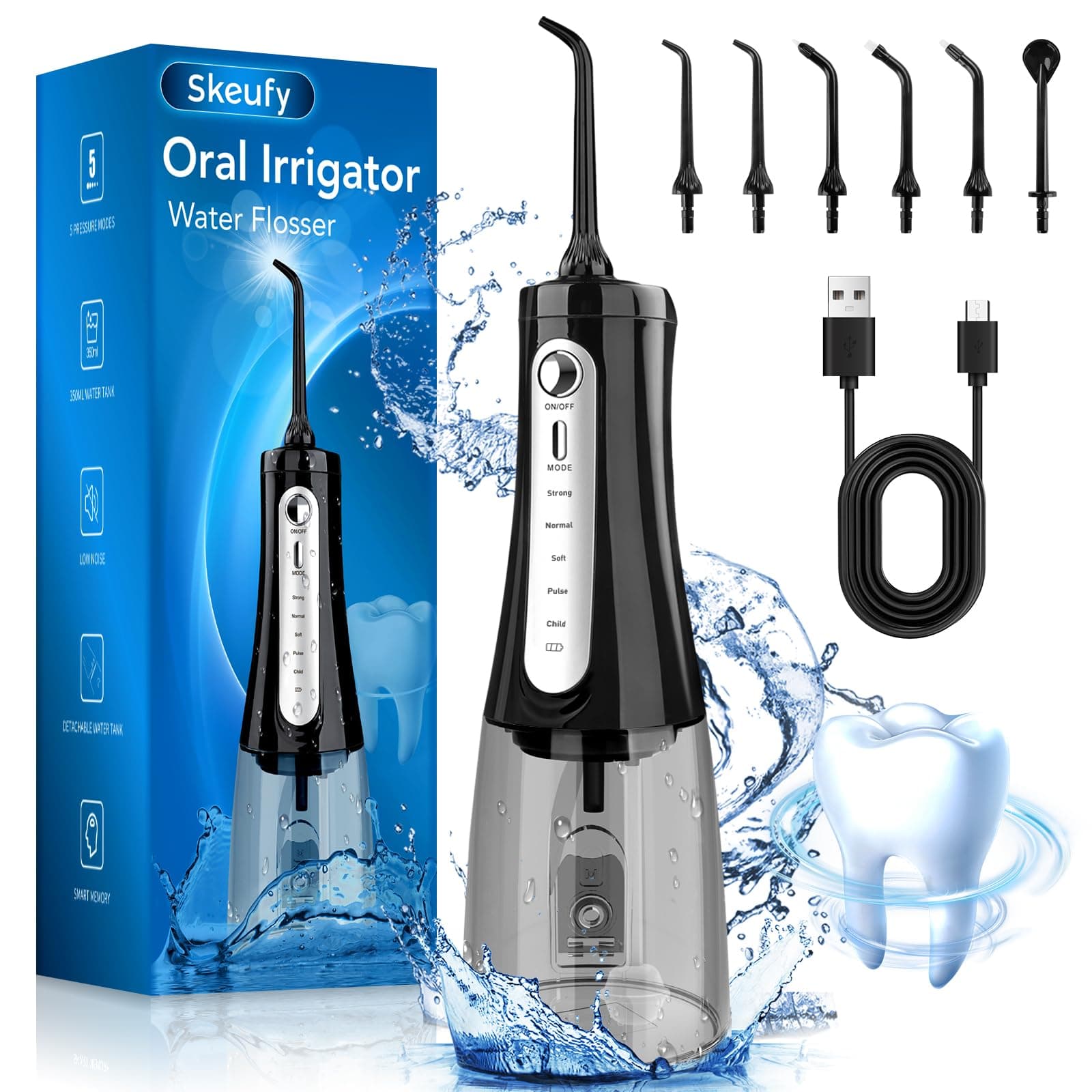 Water Flosser for Teeth Cordless, Portable Oral Irrigator with 5 Modes, IPX8 Waterproof & 300ML Water Tank, 30-180 PSI Deep Clean, USB Rechargeable Dental Tooth Cleaner with 6 Jet Tips