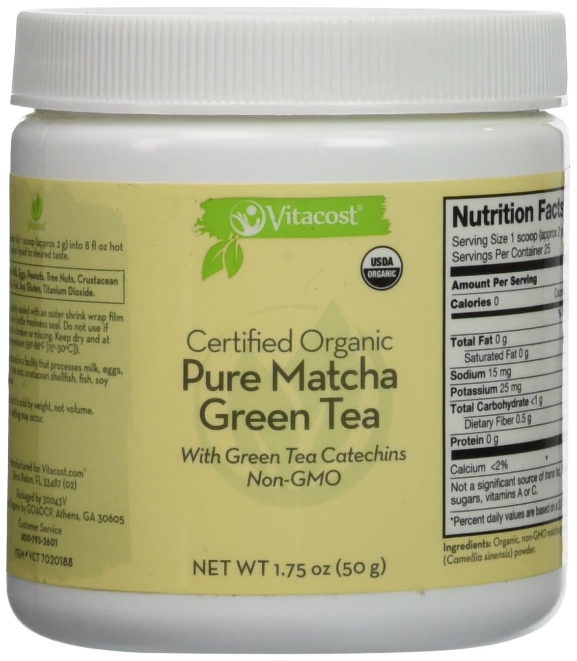Vitacost Whole Food Certified Organic Pure Matcha Green Tea - Non-GMO - 1.75 oz (50 g)