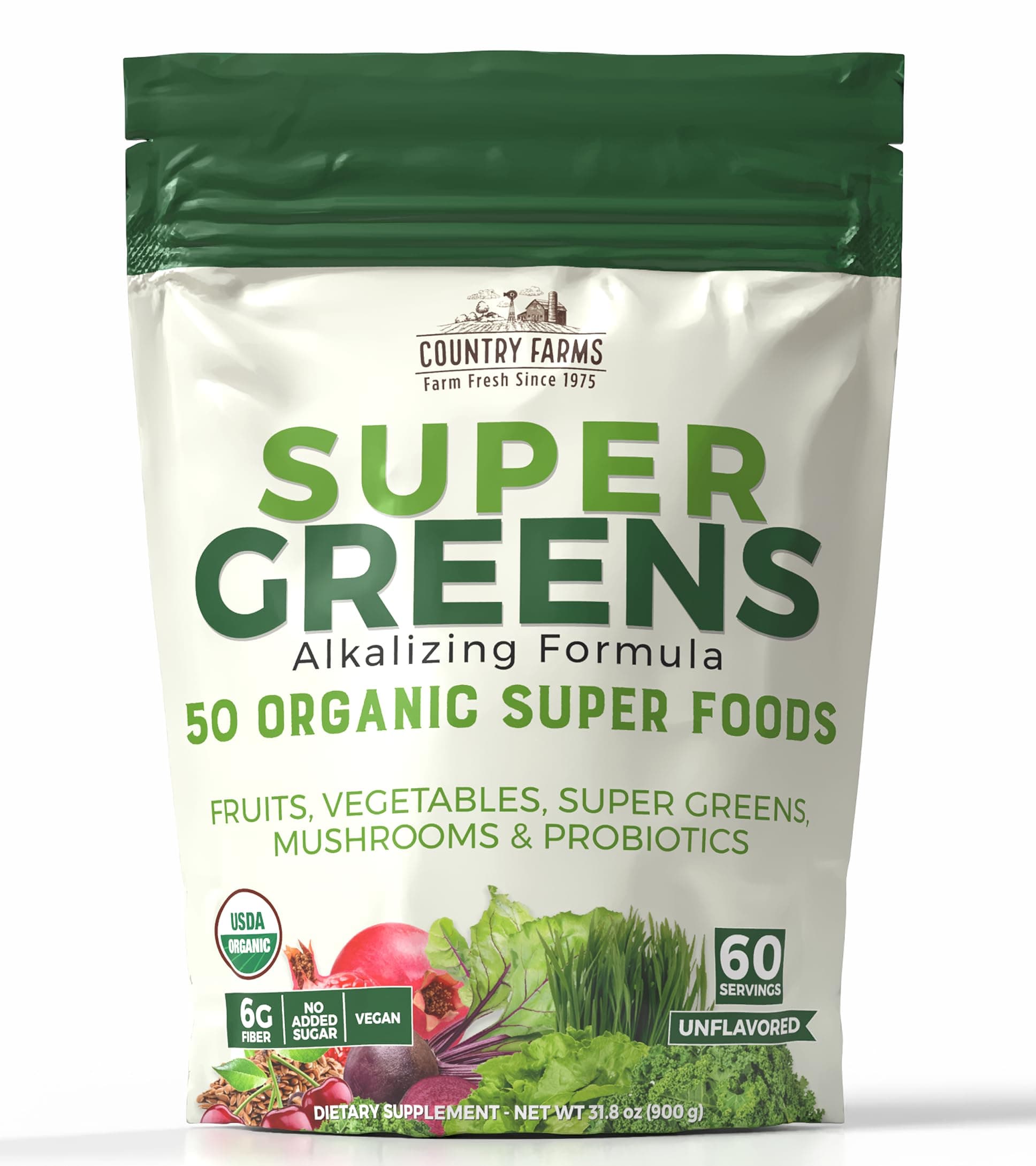 Super Greens Natural Flavor, 50 Organic Super Foods, USDA Organic Drink Mix, Fruits, Vegetables, Super Greens, with Fiber, Mushrooms & Probiotics, Supports Energy, 60 Servings, 900g