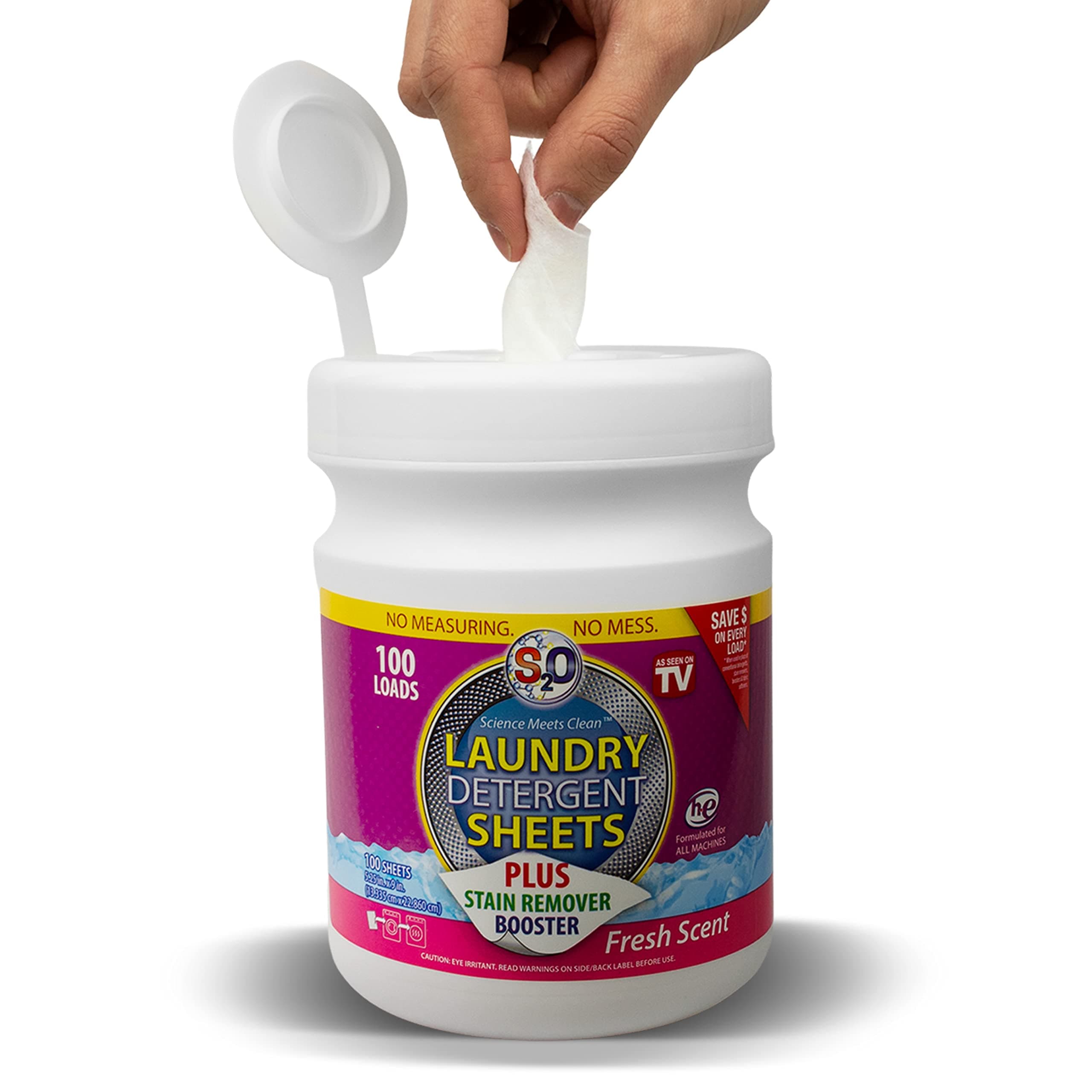 S2O Fresh Scent Laundry Detergent and Stain Remover Sheets | 100 Pre-Moistened Laundry Detergent Sheets for Pre-Treatment, Travel and Washing Machine | Safe for Sensitive Skin | Mess Free
