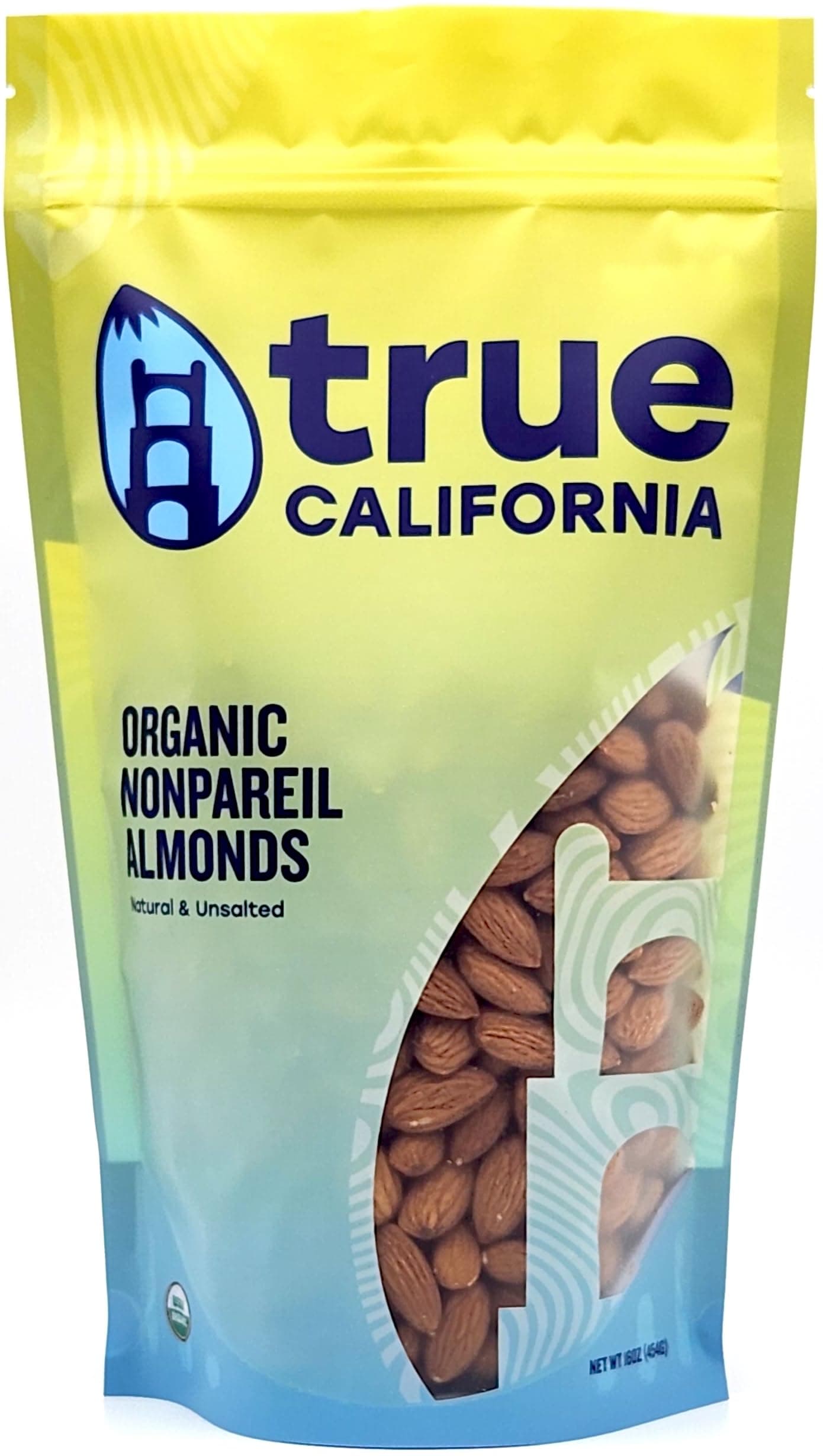 True California Organic Nonpareil Whole Almonds (1 LB) Natural & Unsalted, Raw, Not Roasted, Shelled, Vegan & Gluten-Free