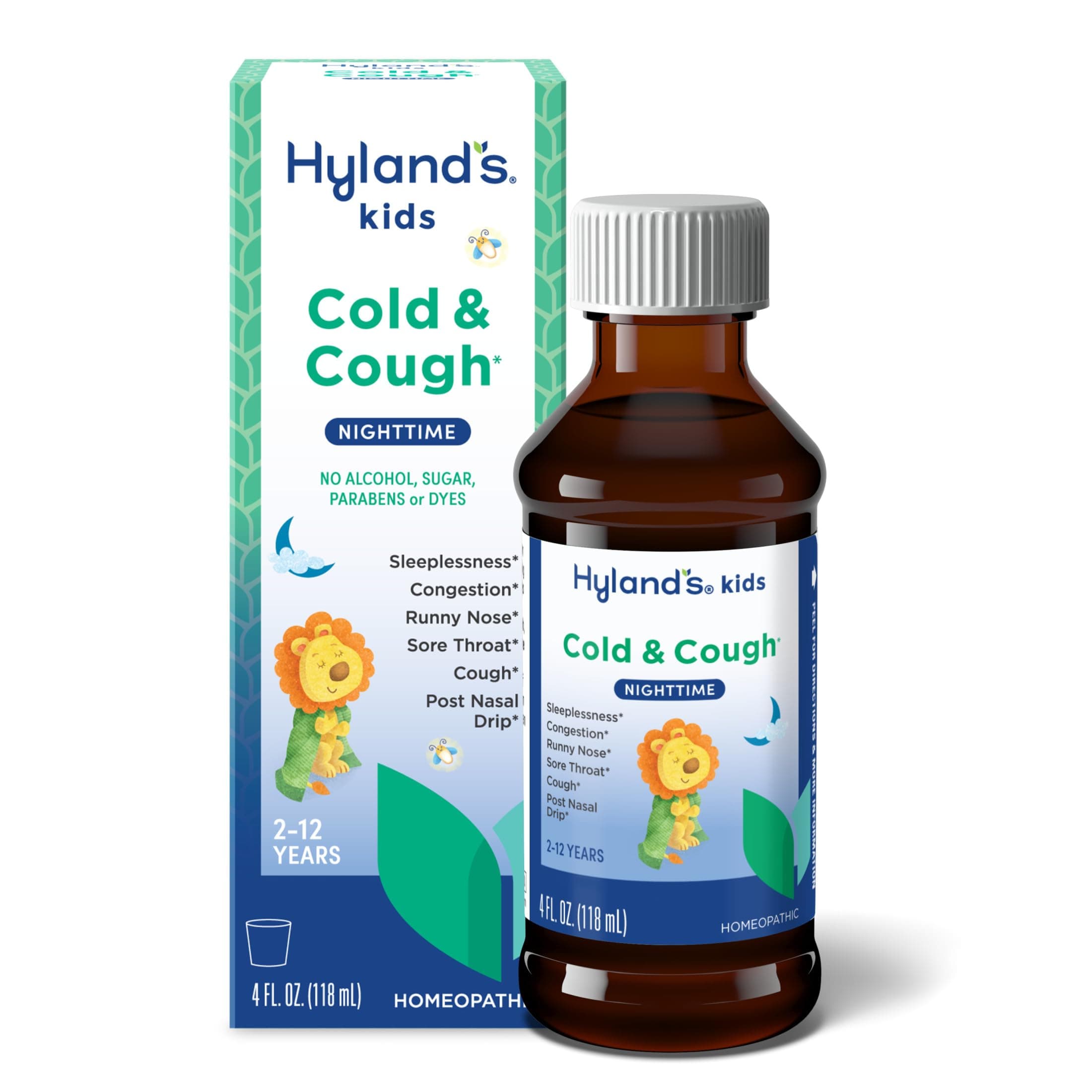 Hyland's Kids Cold and Cough, Nighttime Cough Syrup Medicine for Kids Ages 2 and up, Decongestant, Sore Throat relief and Sleeplessness, Relief of Common Cold Symptoms, 4 Fl Oz