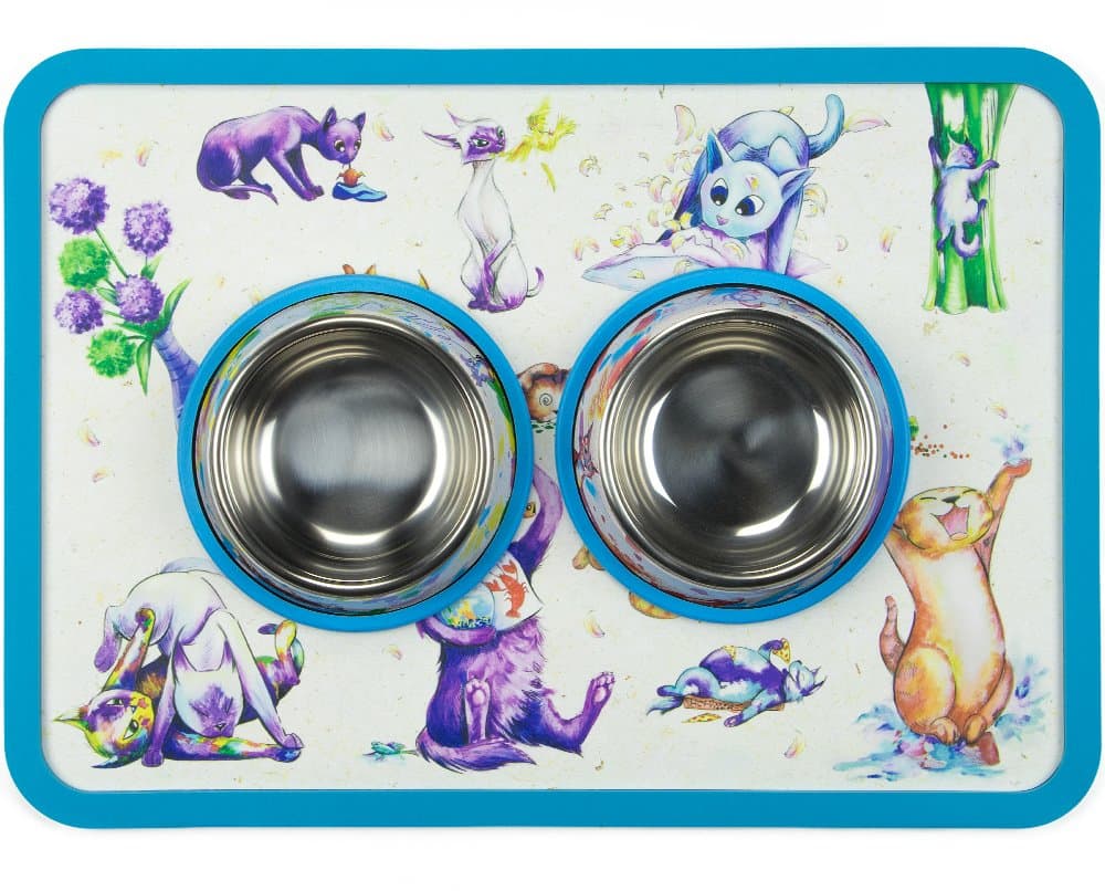 Weebo Pets3-in-1 Cat Food & Water Bowls with Mat Set - Cat Tales: Cat-titude Premium 4 oz. Stainless Steel Dishes with Food-Grade Silicone Feeding/Litter Box Mat