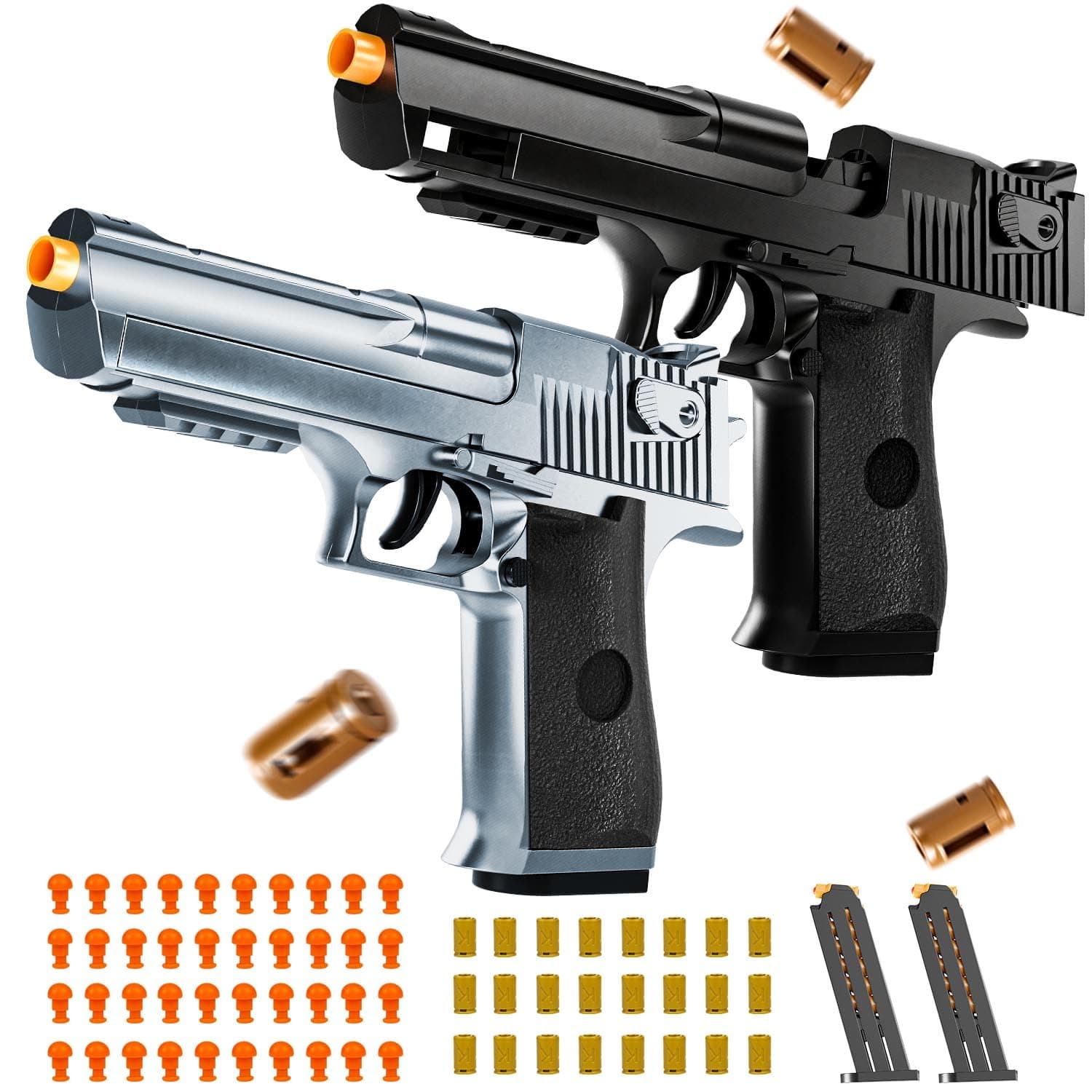 - 2 Pack Shell Ejecting Toy Gun - Semi-Automatic Handgun with Shell Ejection and Auto Rebound, Toy Foam Blasters & Stress Reducing Toys for Boys Girls Halloween Christmas Birthday Gifts (Black+Silvery)