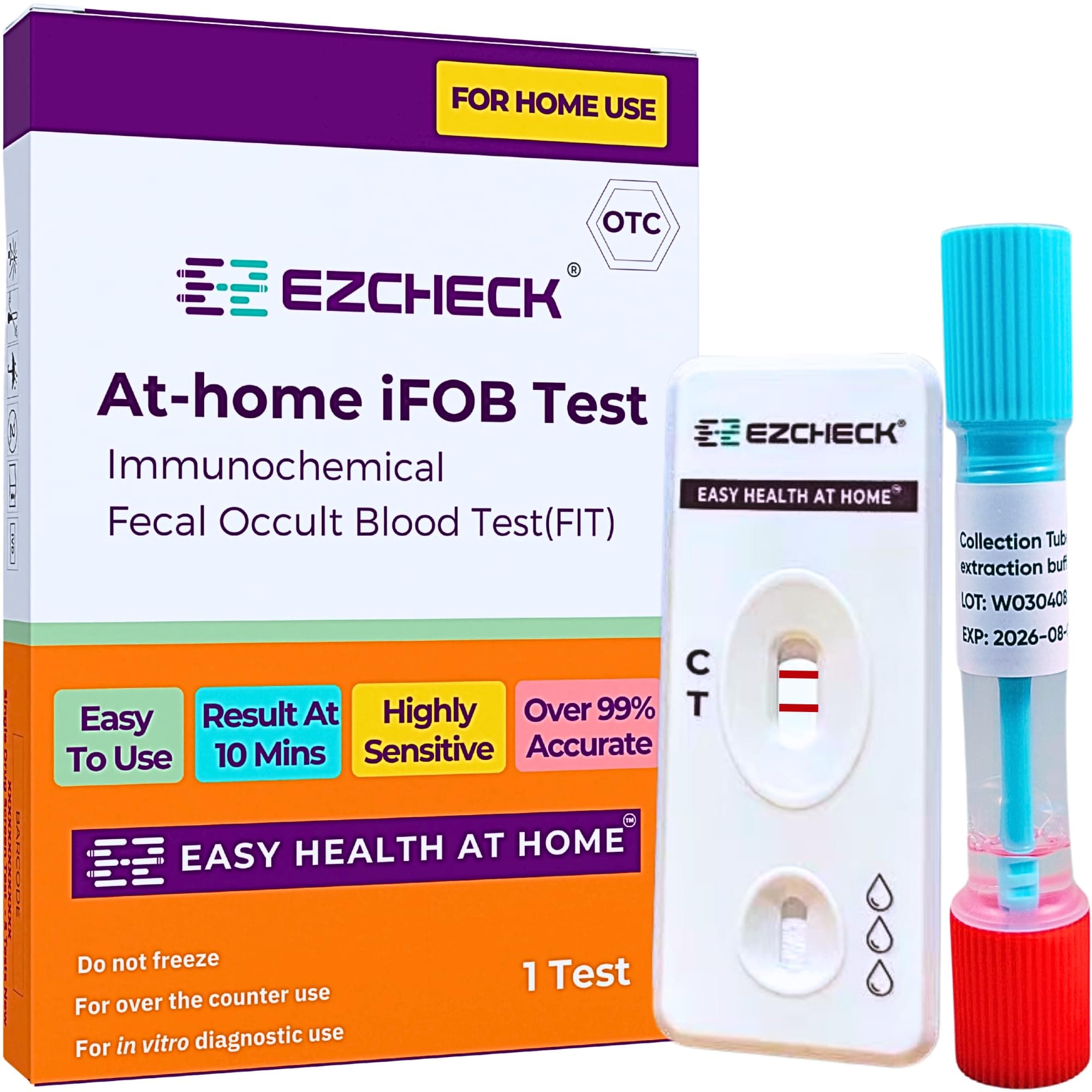 EZCHECK® At-Home iFOB Test (1 Test) Immunochemical Fecal Occult Blood Test (FIT) for Colon Health Screening, Colon Cancer Screening, Colorectal Cancer Screening, Colon Disease Test