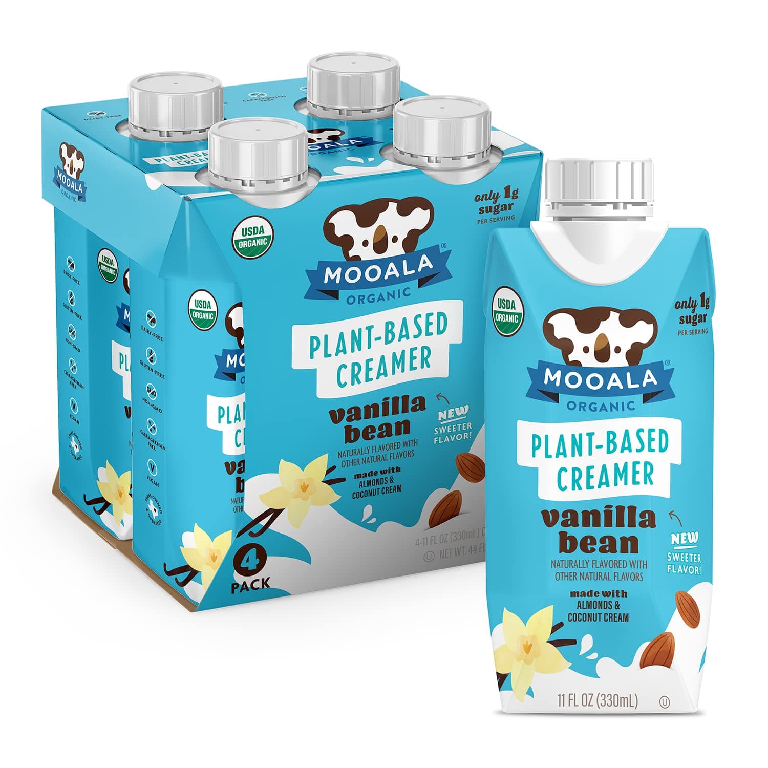 Mooala – Organic Vanilla Bean Plant-Based Creamer - Shelf-Stable, Gluten-Free, Soy-Free, Vegan & Non-Dairy Creamer – 11 oz. (Pack of 4)