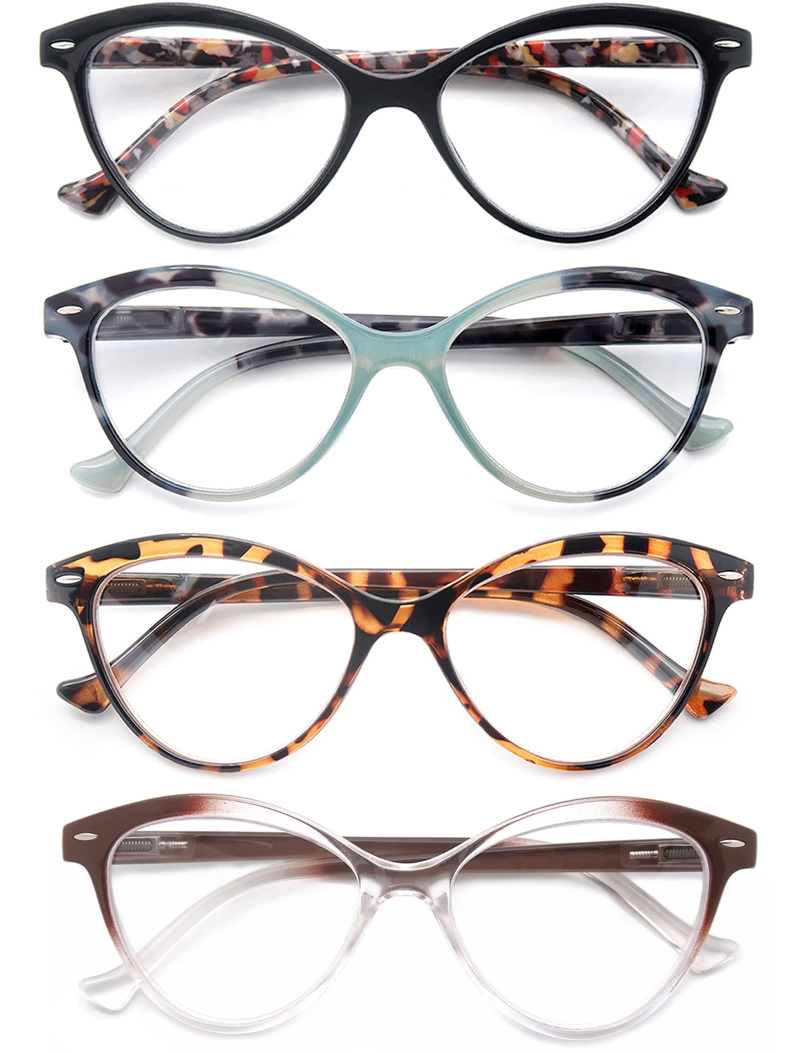 Reading Glasses for Women Cat Eye Ladies Readers +0.50 Cute Cateye Women's Cheaters Glasses 4 Pack Lightweight Comfortable Fit