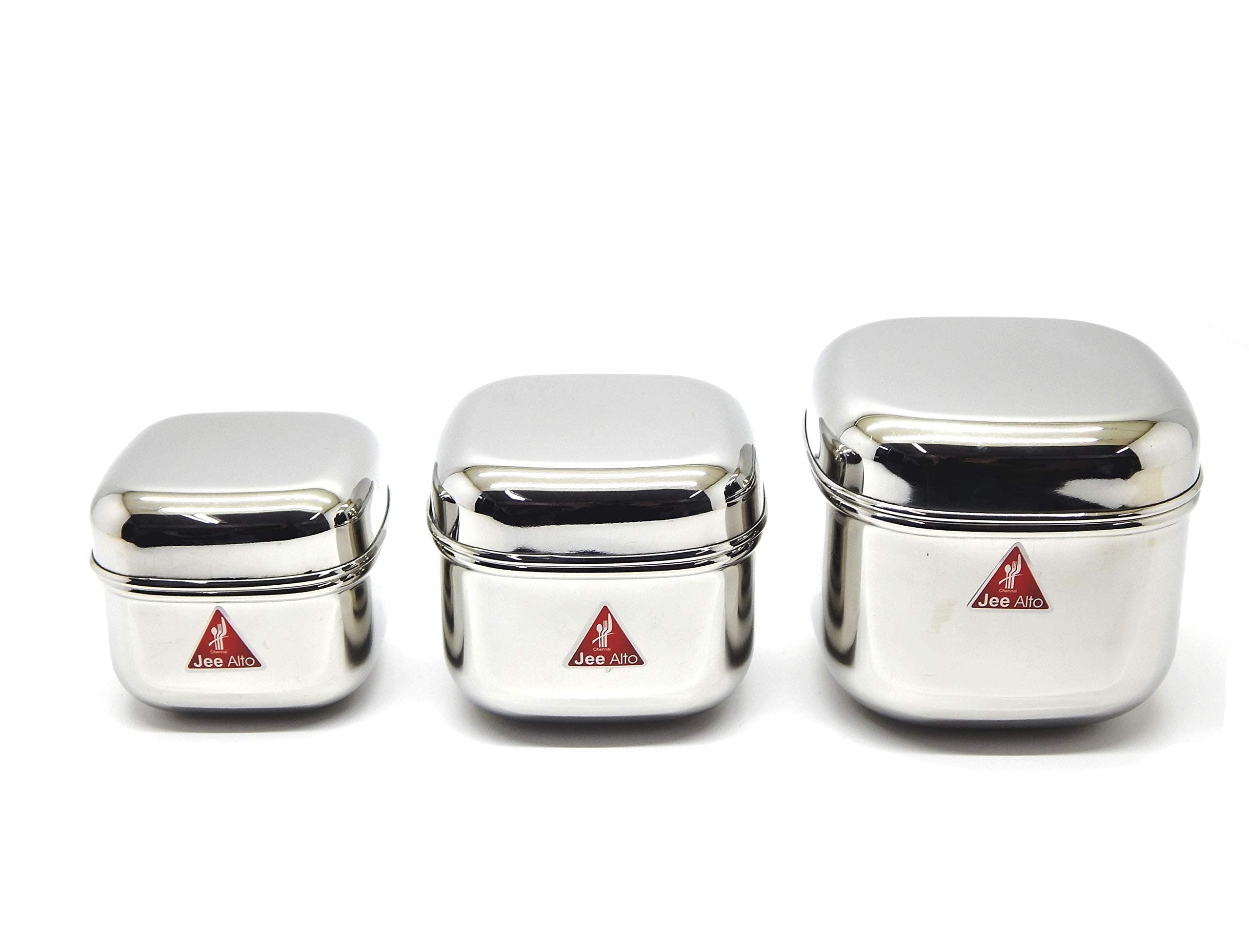 Steel Square Reliable Pot Canisters/Puri Dabba/Storage Containers/Dabba Set Of 3 Pcs (300 Ml, 475Ml, 650Ml, Stainless Steel) - Silver