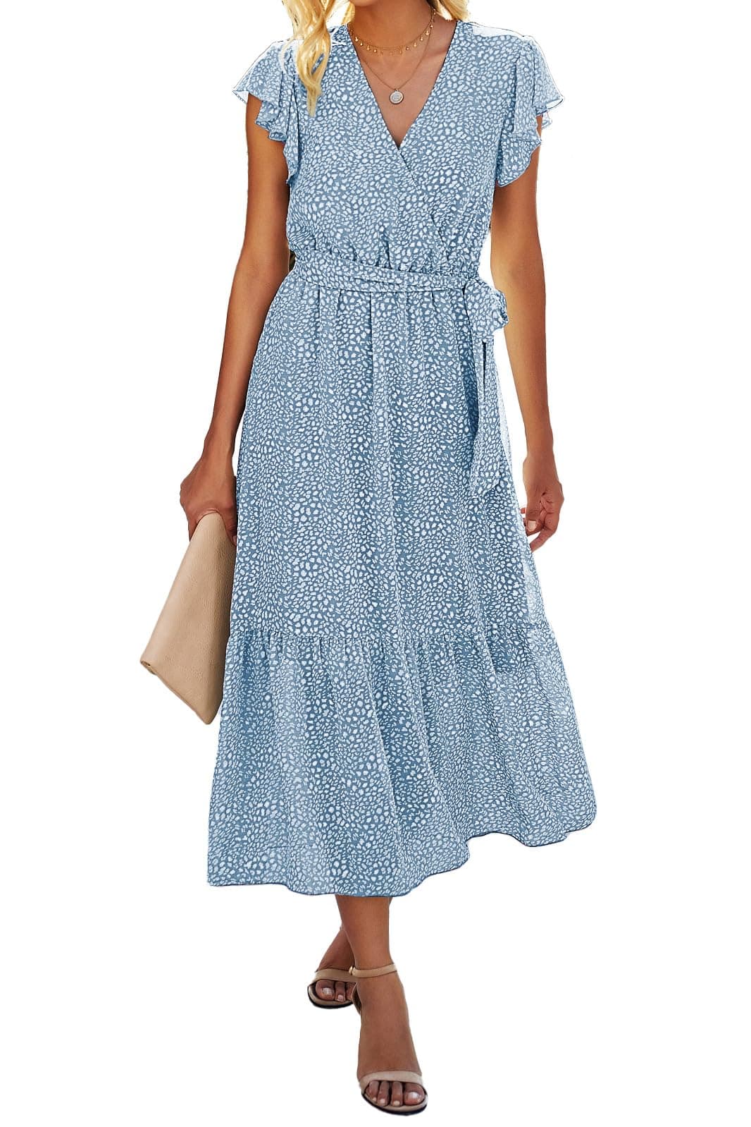 BTFBM Women Summer Bohemian Floral Casual Wrap V Neck Ruffle Cap Sleeveless Belt A-Line Pleated Hem Midi Sun Dress White