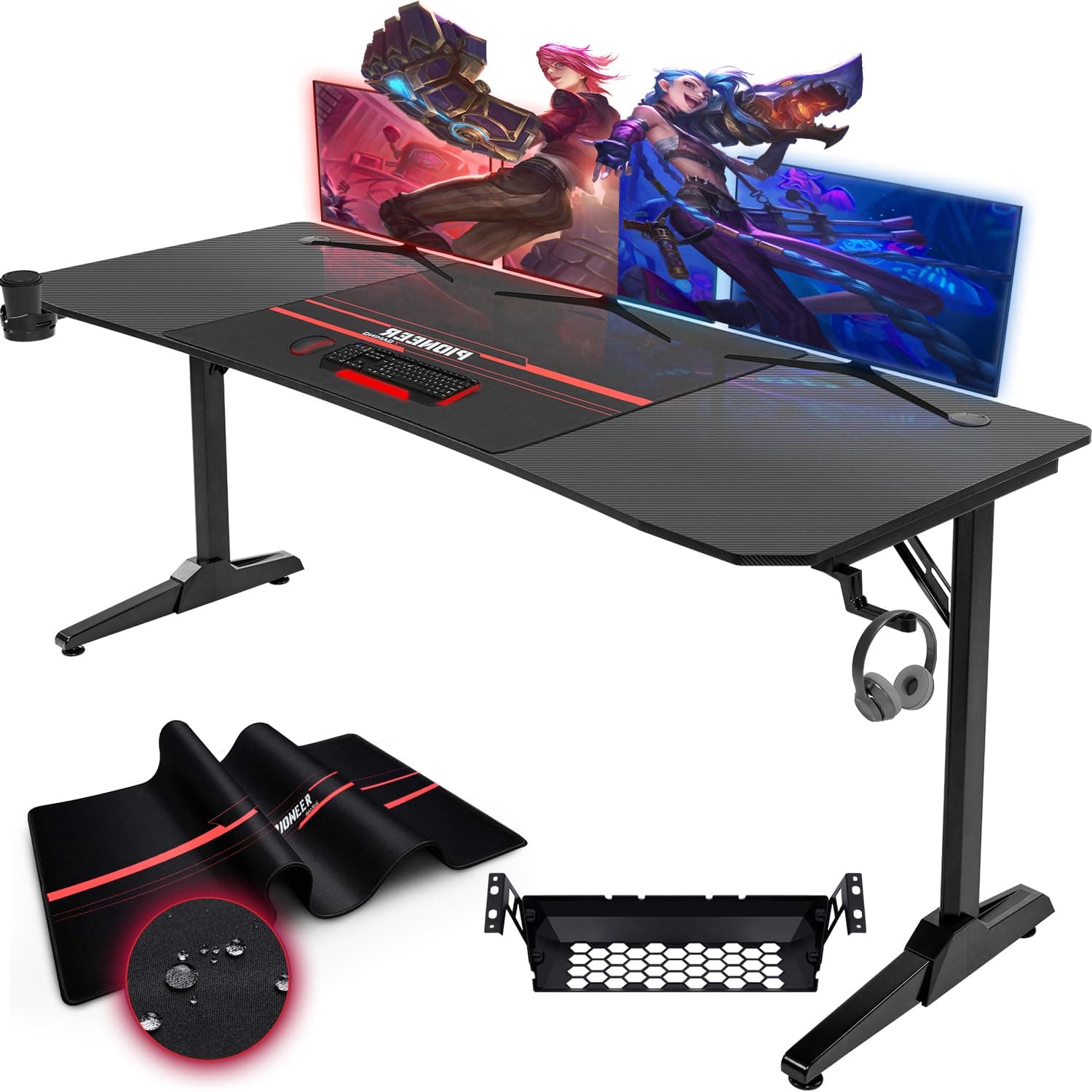 Devoko Gaiming Table 180 cm Gaming Desk Gamer Computer Desk Ergonomic PC Table with Cable Storage Box, Drink Holder and Headphone Holder T-shaped (Black, 180 x 70 x 75 cm)