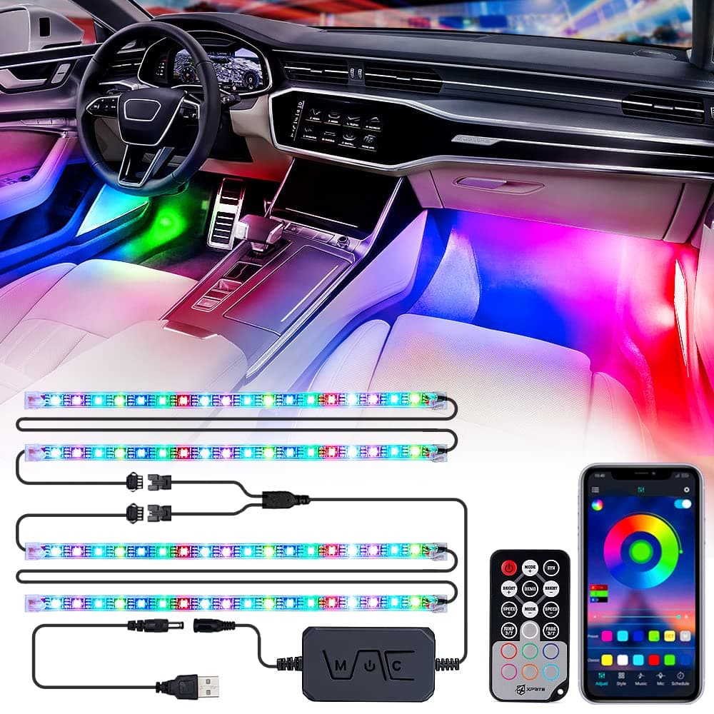 Xprite Dreamcolor USB LED Cars Interior Lights Strip Kits, w/ Remote & Bluetooth APP Control, Footwell Under Dash RGB Neon Chasing Inside Lights, DIY Music Mode, Universal for Vehicle Trucks UTV ATV
